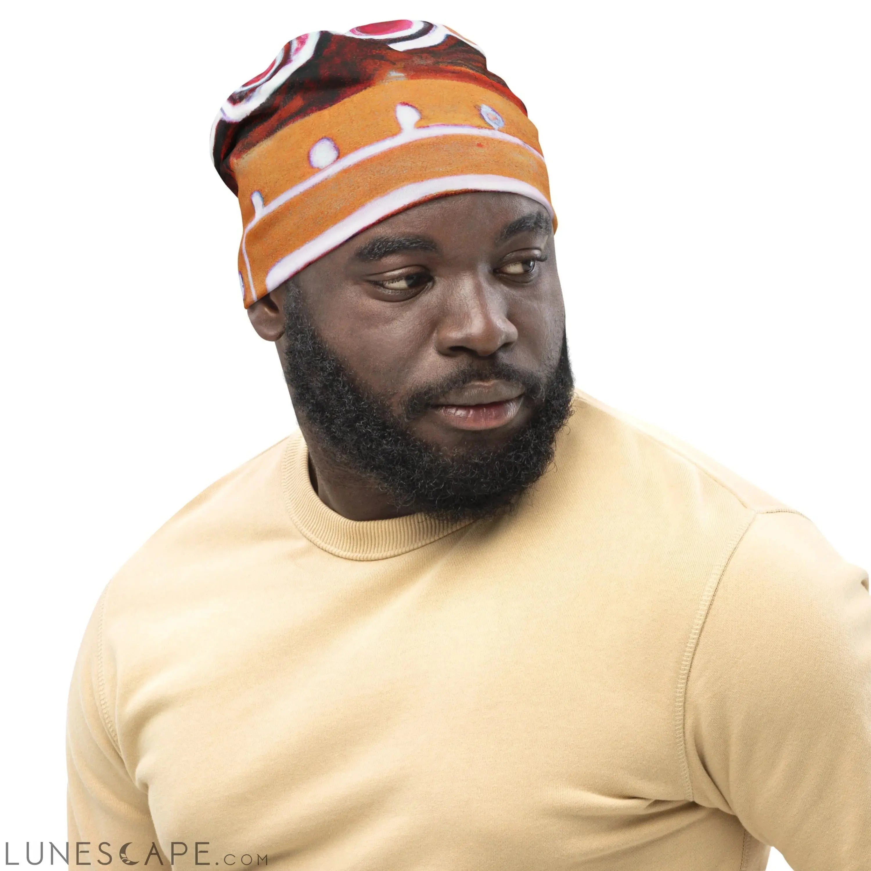 Double-layered Beanie Hat Brown Orange Green Aztec Pattern LUNESCAPE