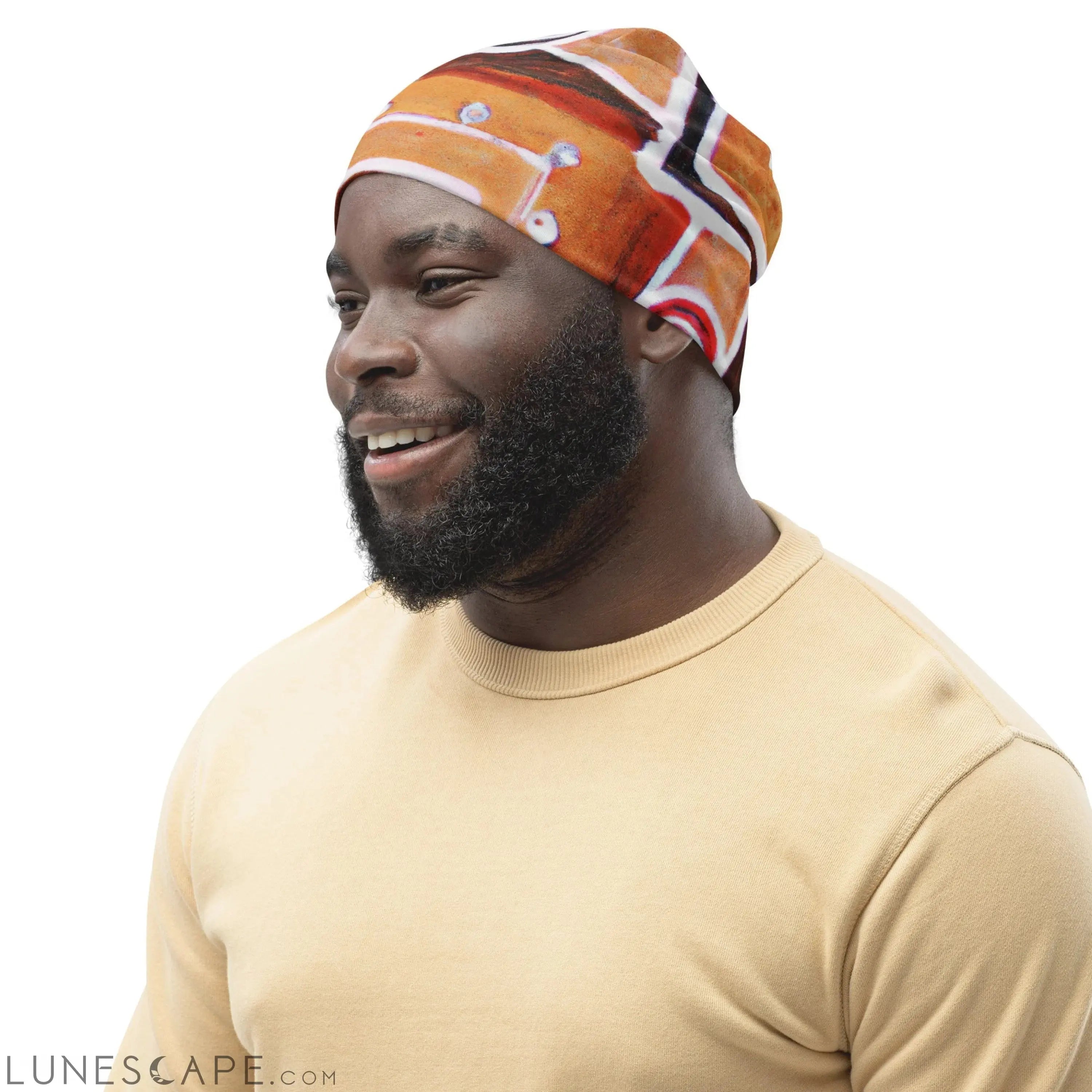 Double-layered Beanie Hat Brown Orange Green Aztec Pattern LUNESCAPE
