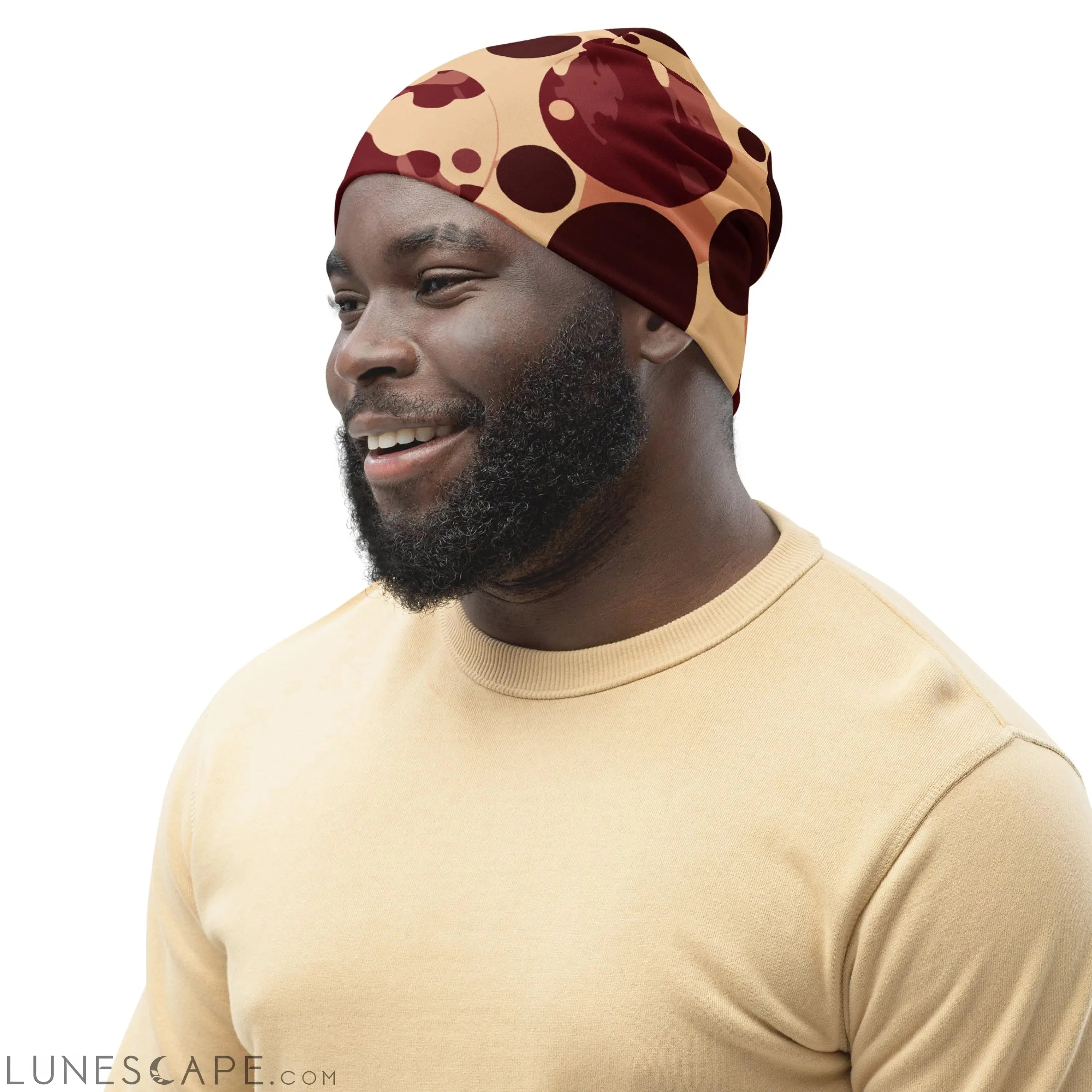 Double-layered Beanie Hat Burgundy Beige Circular Print LUNESCAPE