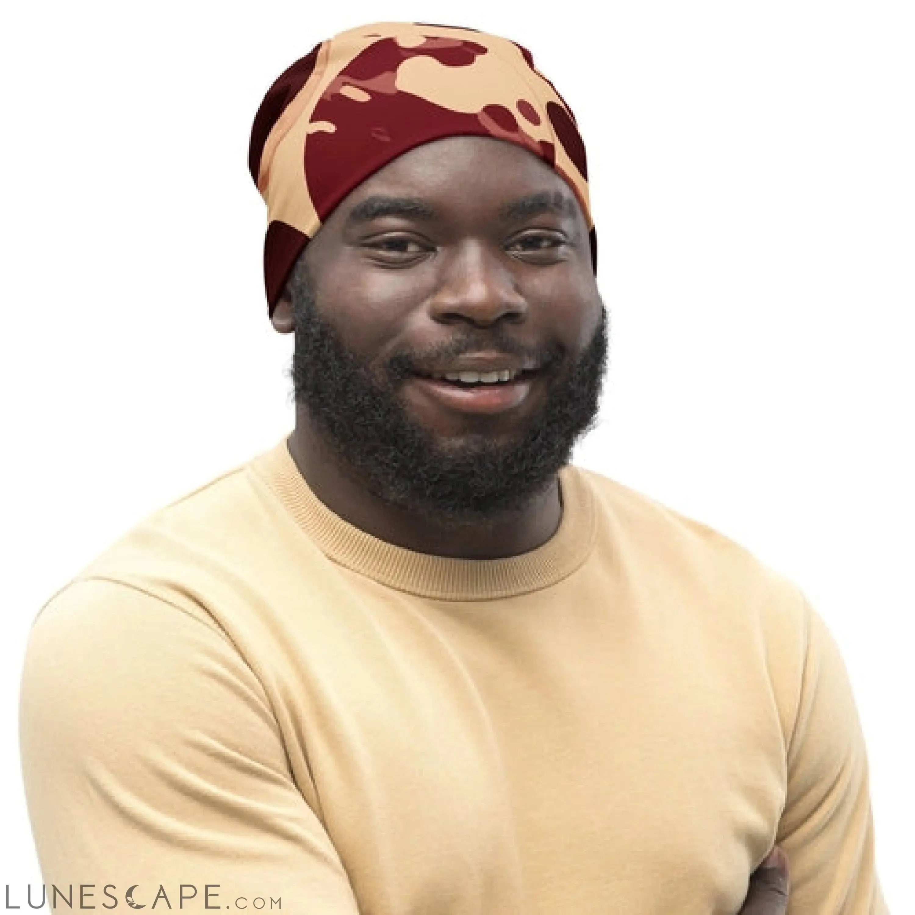 Double-layered Beanie Hat Burgundy Beige Circular Print LUNESCAPE