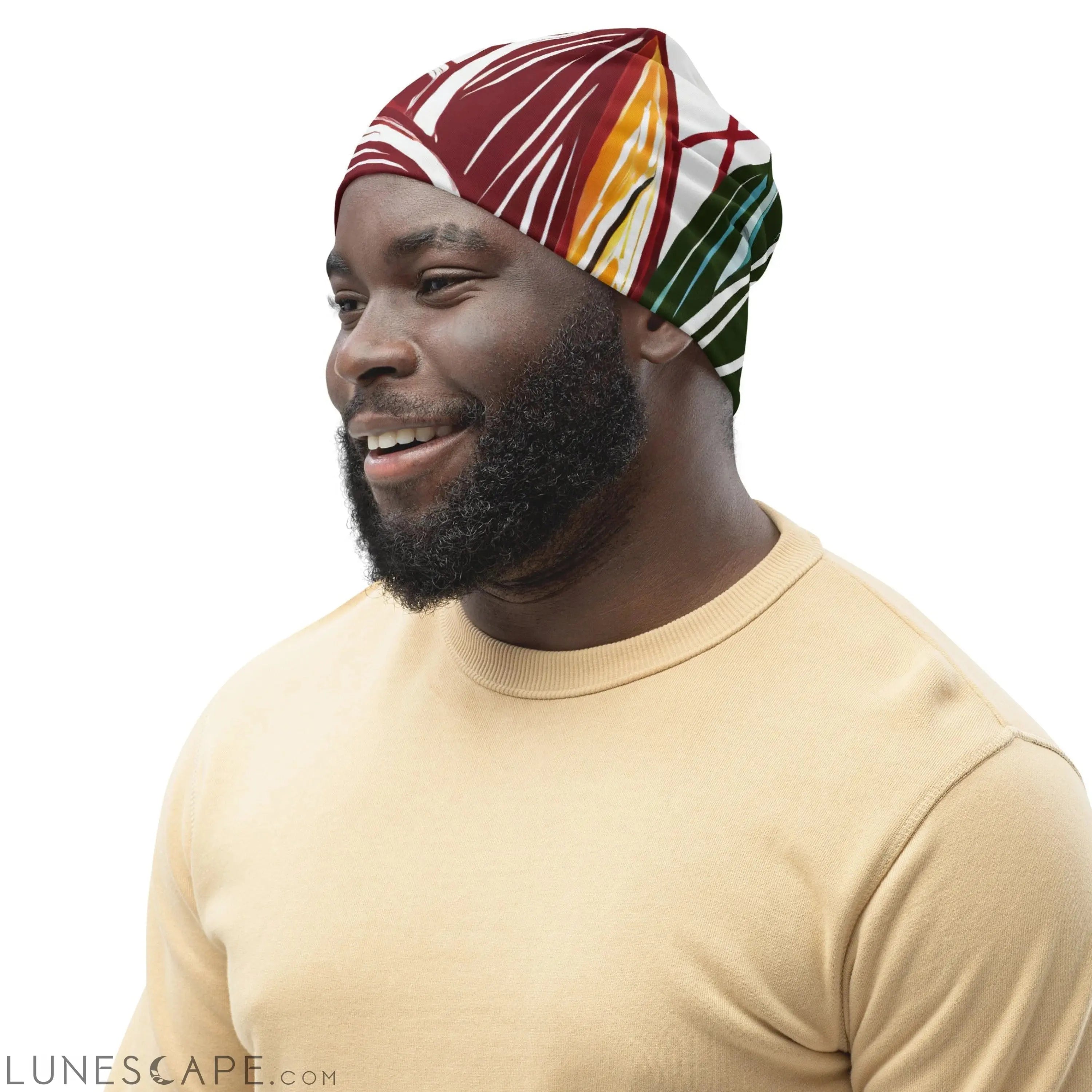 Double-layered Beanie Hat Colorful Floral Lines 2 LUNESCAPE
