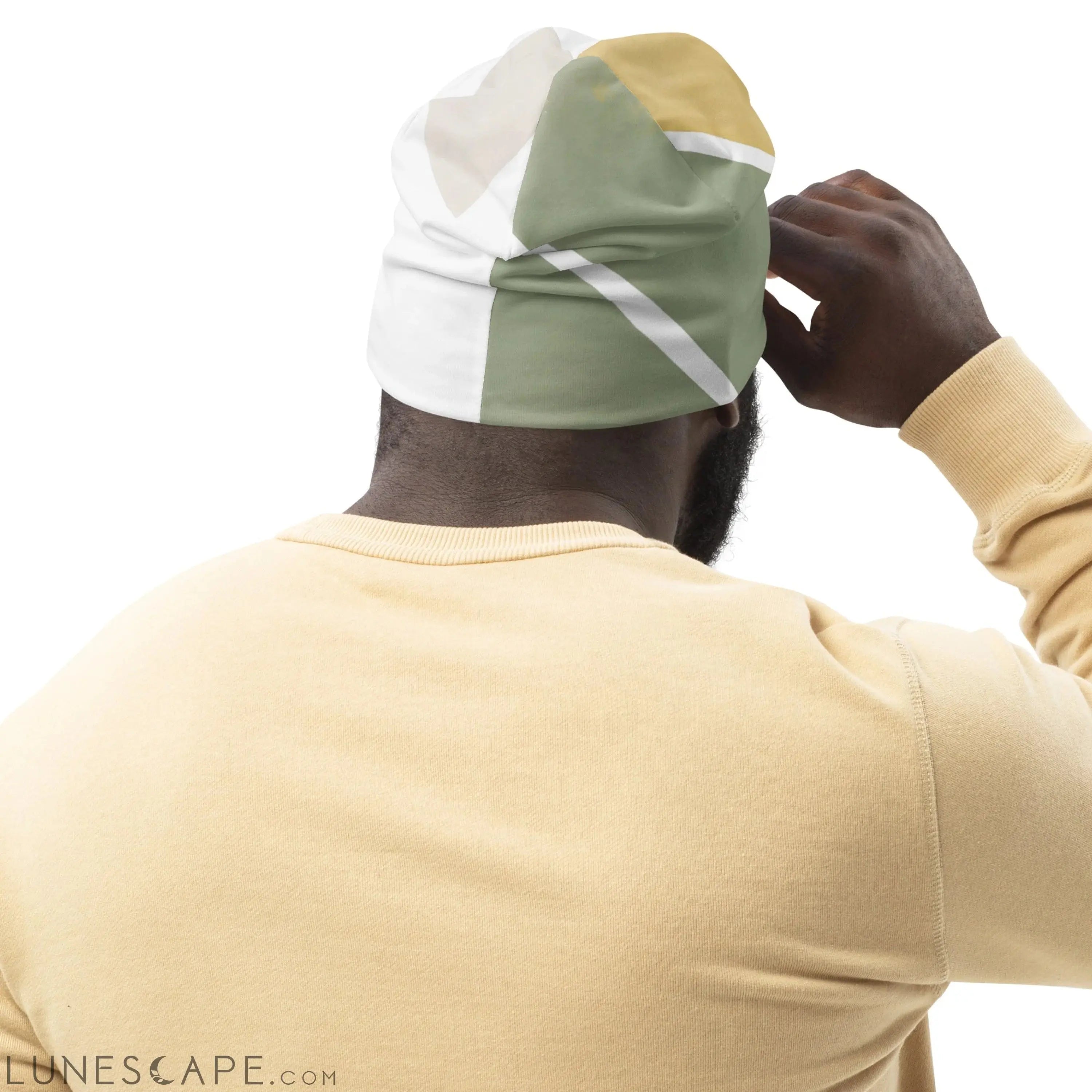 Double-layered Beanie Hat Green Abstract Geometric Pattern LUNESCAPE