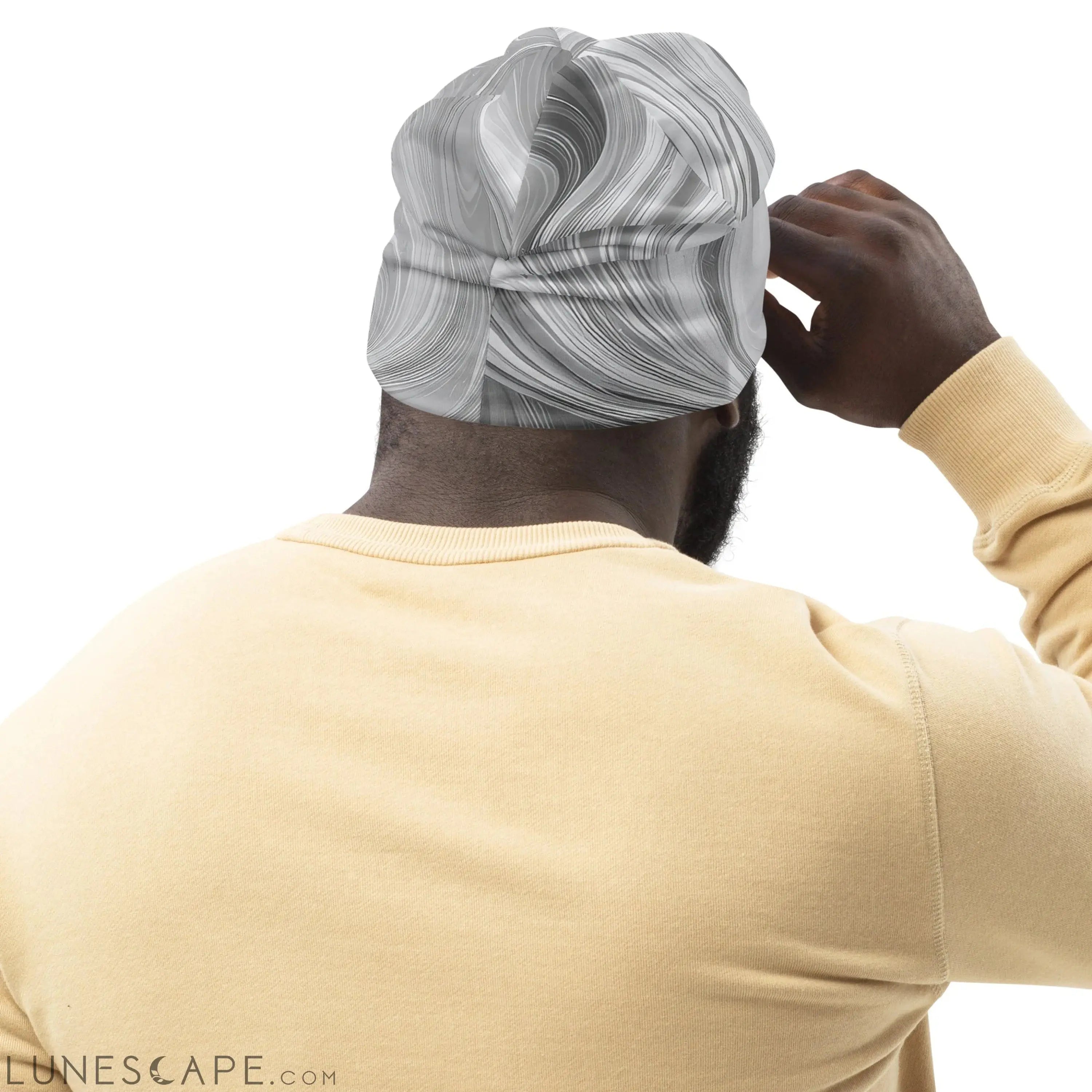 Double-layered Beanie Hat Grey White Boho Marble Print LUNESCAPE