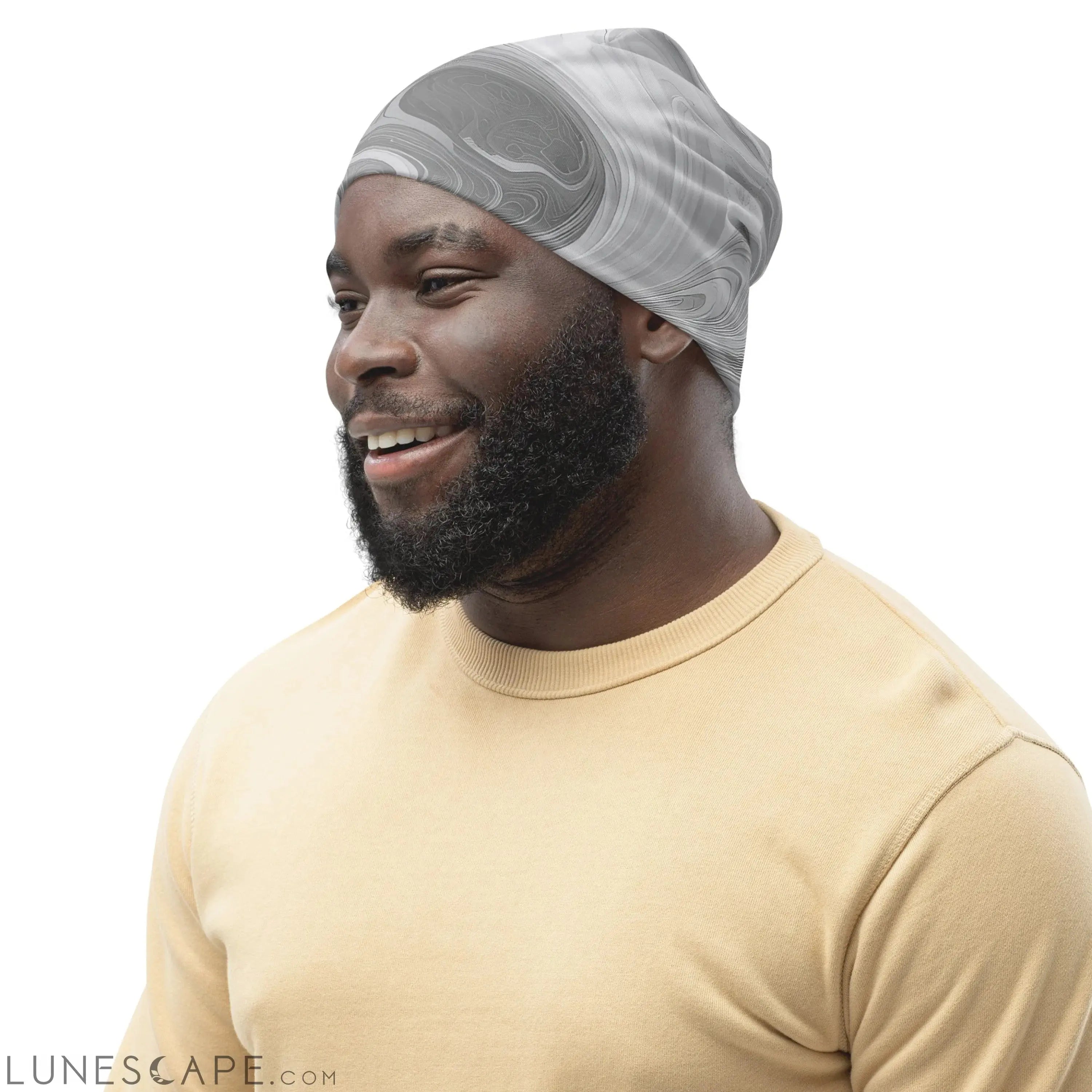Double-layered Beanie Hat Grey White Boho Marble Print LUNESCAPE