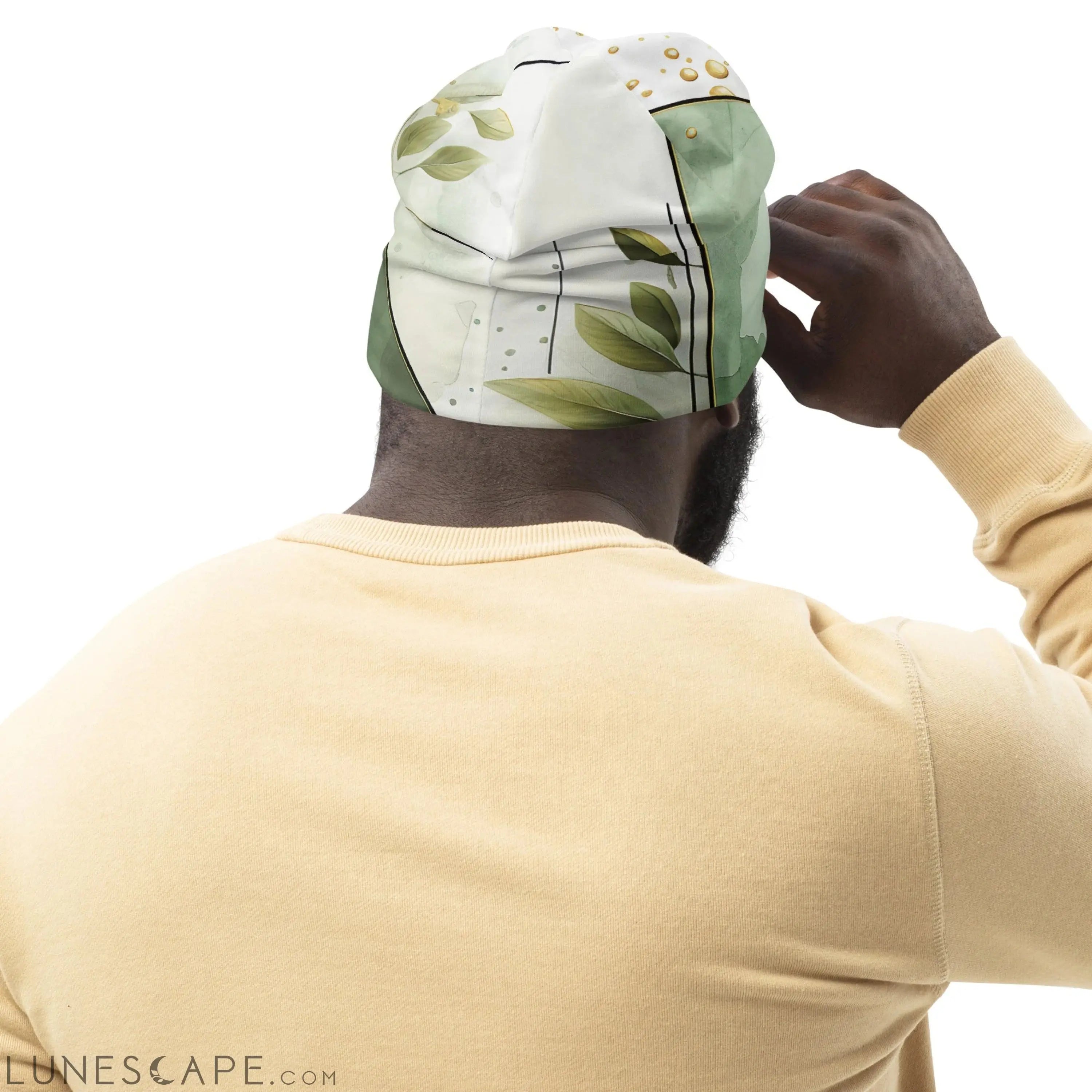 Double-layered Beanie Hat Olive Green Mint Leaf Geometric Print LUNESCAPE