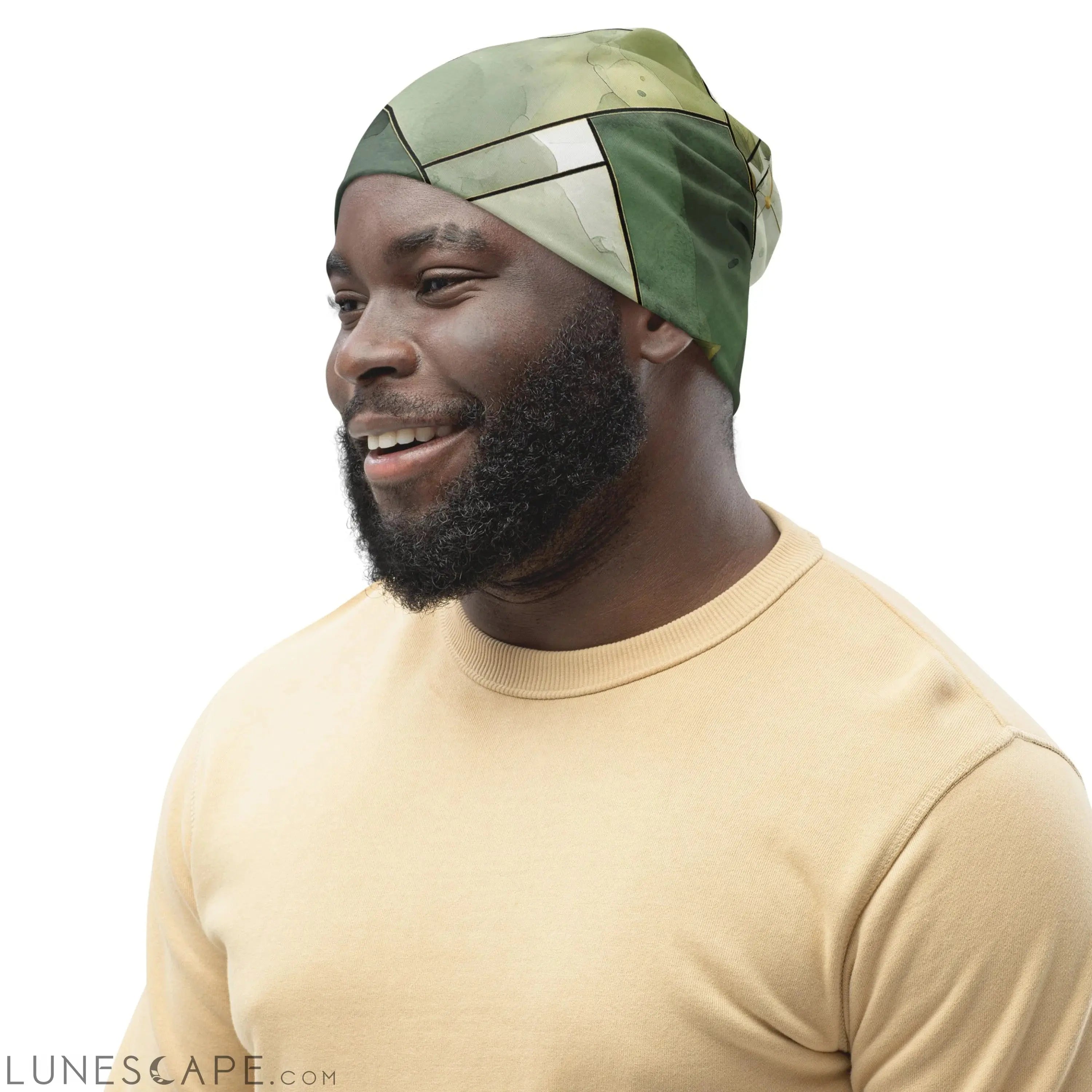 Double-layered Beanie Hat Olive Green Mint Leaf Geometric Print LUNESCAPE