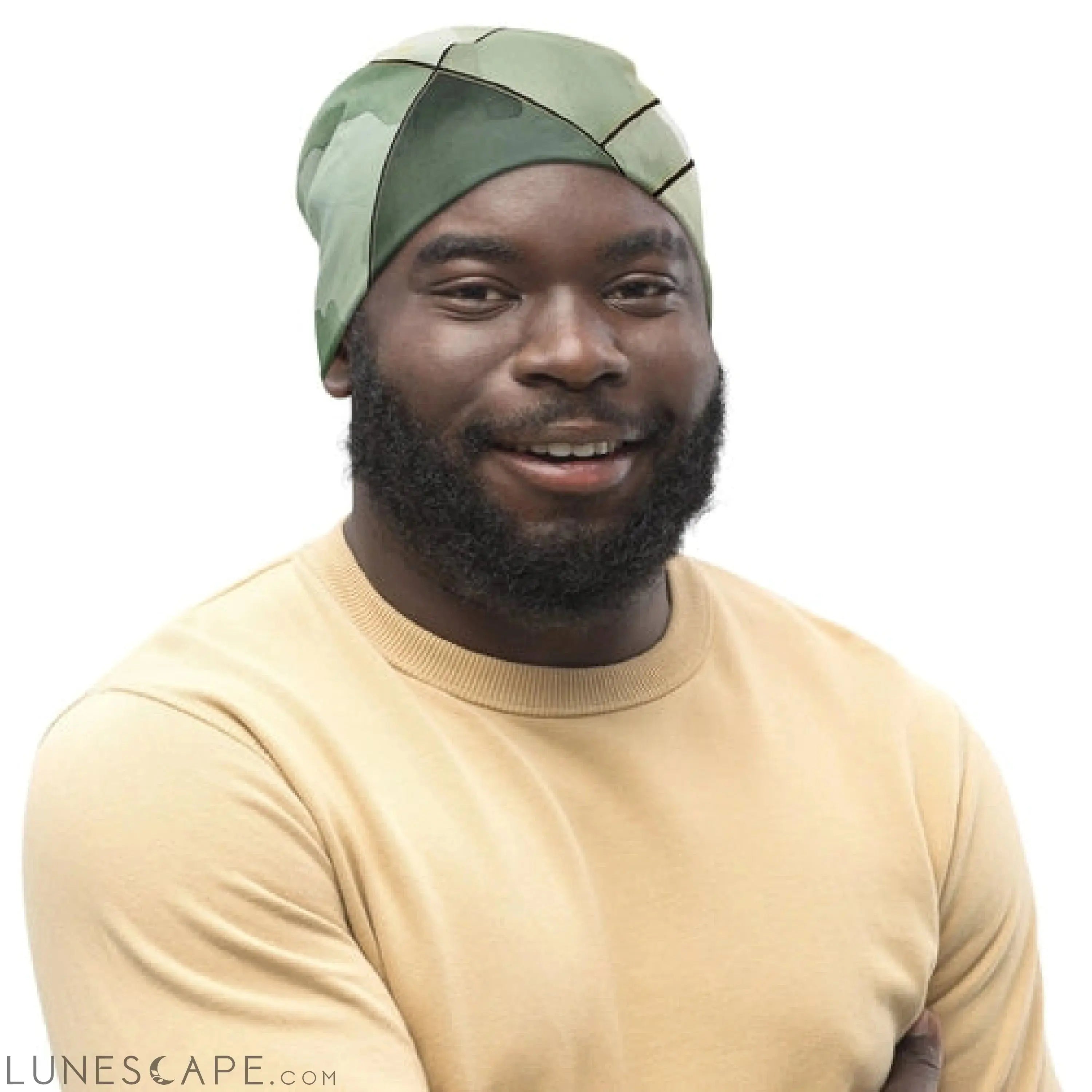 Double-layered Beanie Hat Olive Green Mint Leaf Geometric Print LUNESCAPE