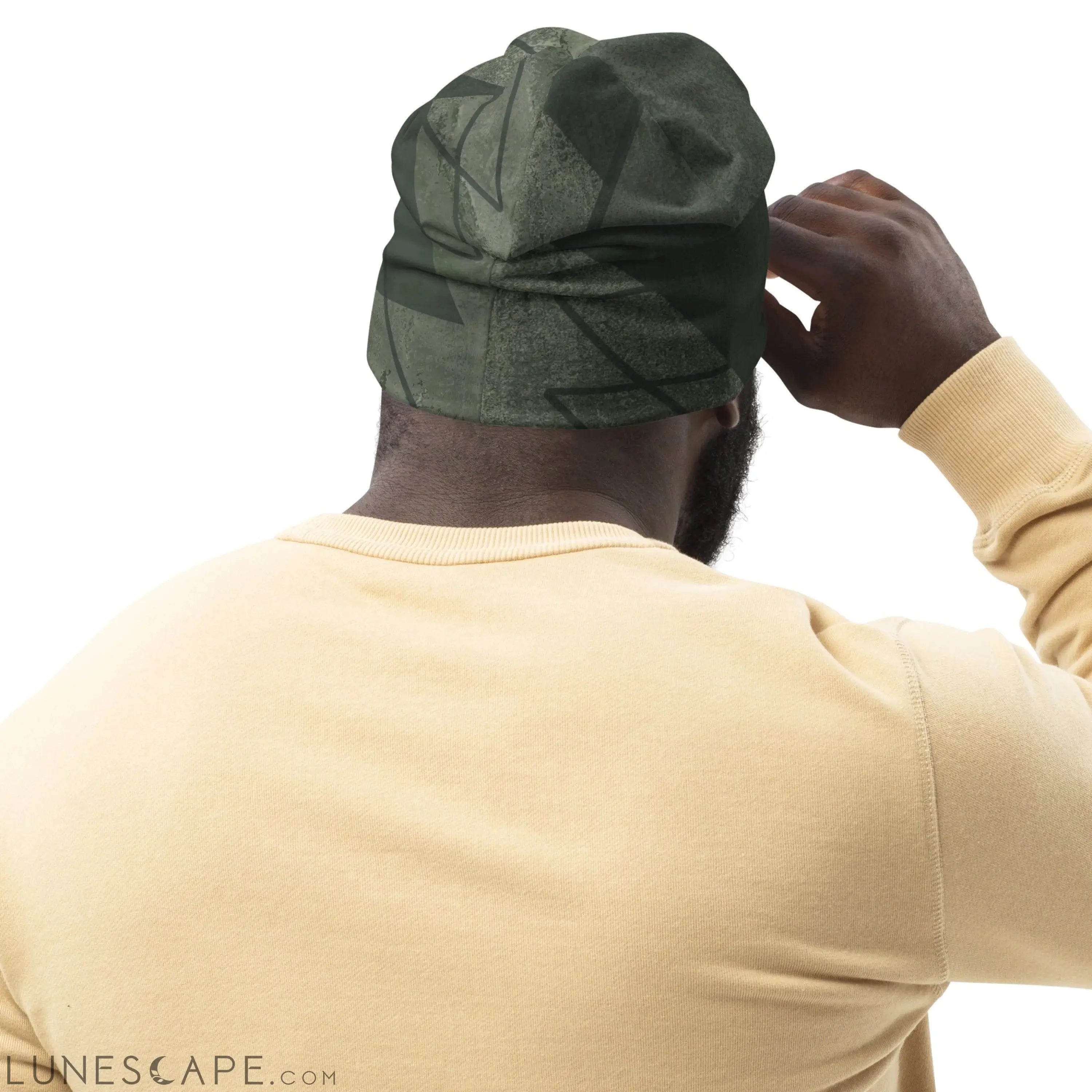Double-layered Beanie Hat Olive Green Triangular Colorblock LUNESCAPE