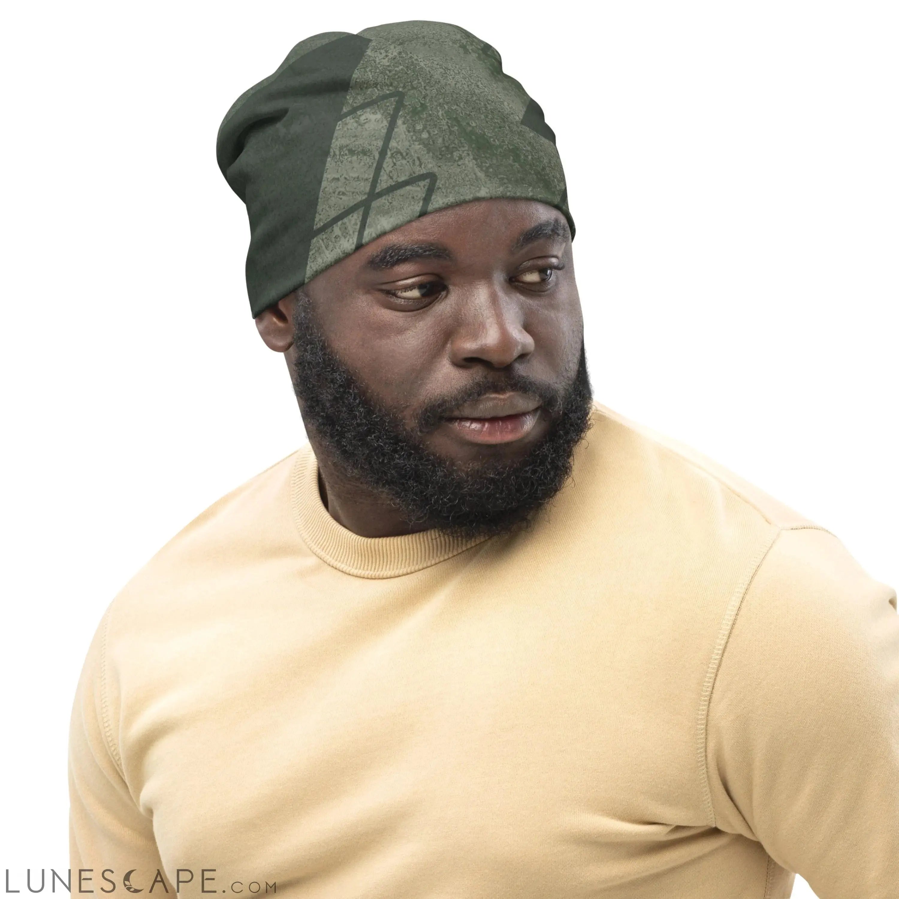 Double-layered Beanie Hat Olive Green Triangular Colorblock LUNESCAPE