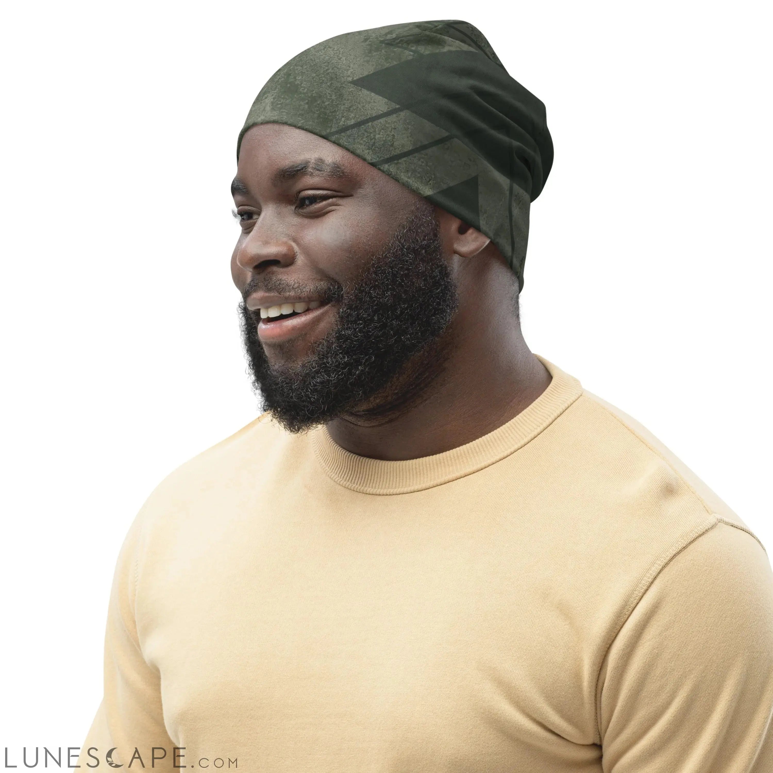 Double-layered Beanie Hat Olive Green Triangular Colorblock LUNESCAPE