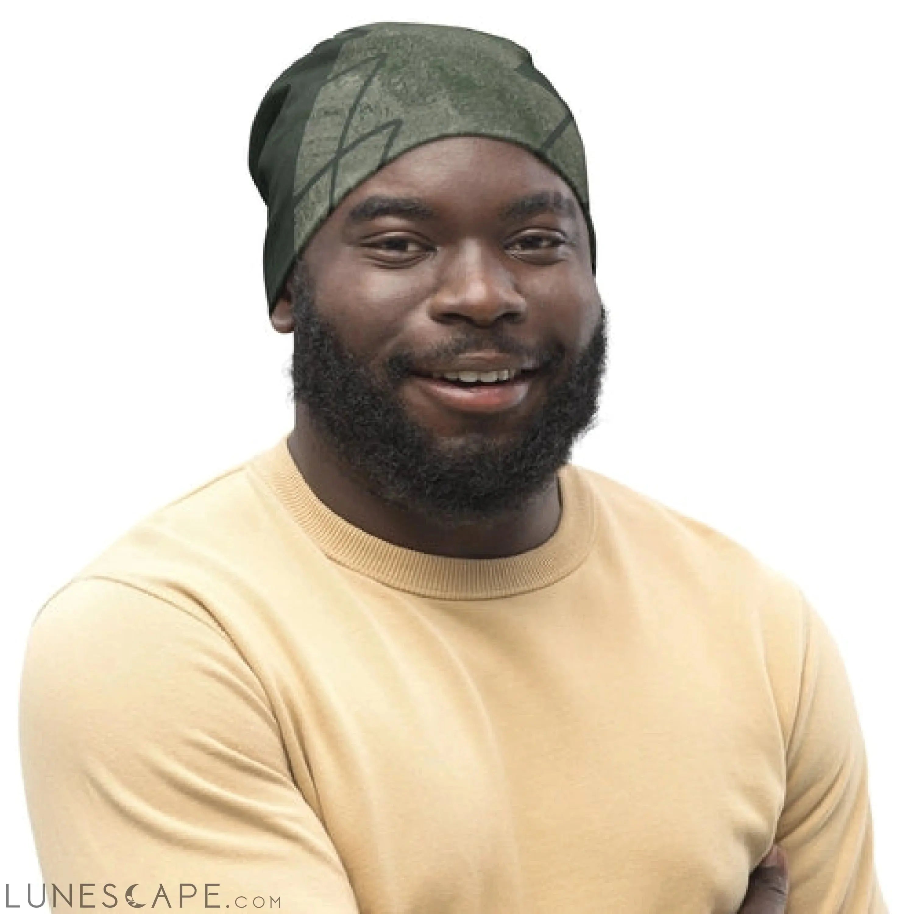 Double-layered Beanie Hat Olive Green Triangular Colorblock LUNESCAPE