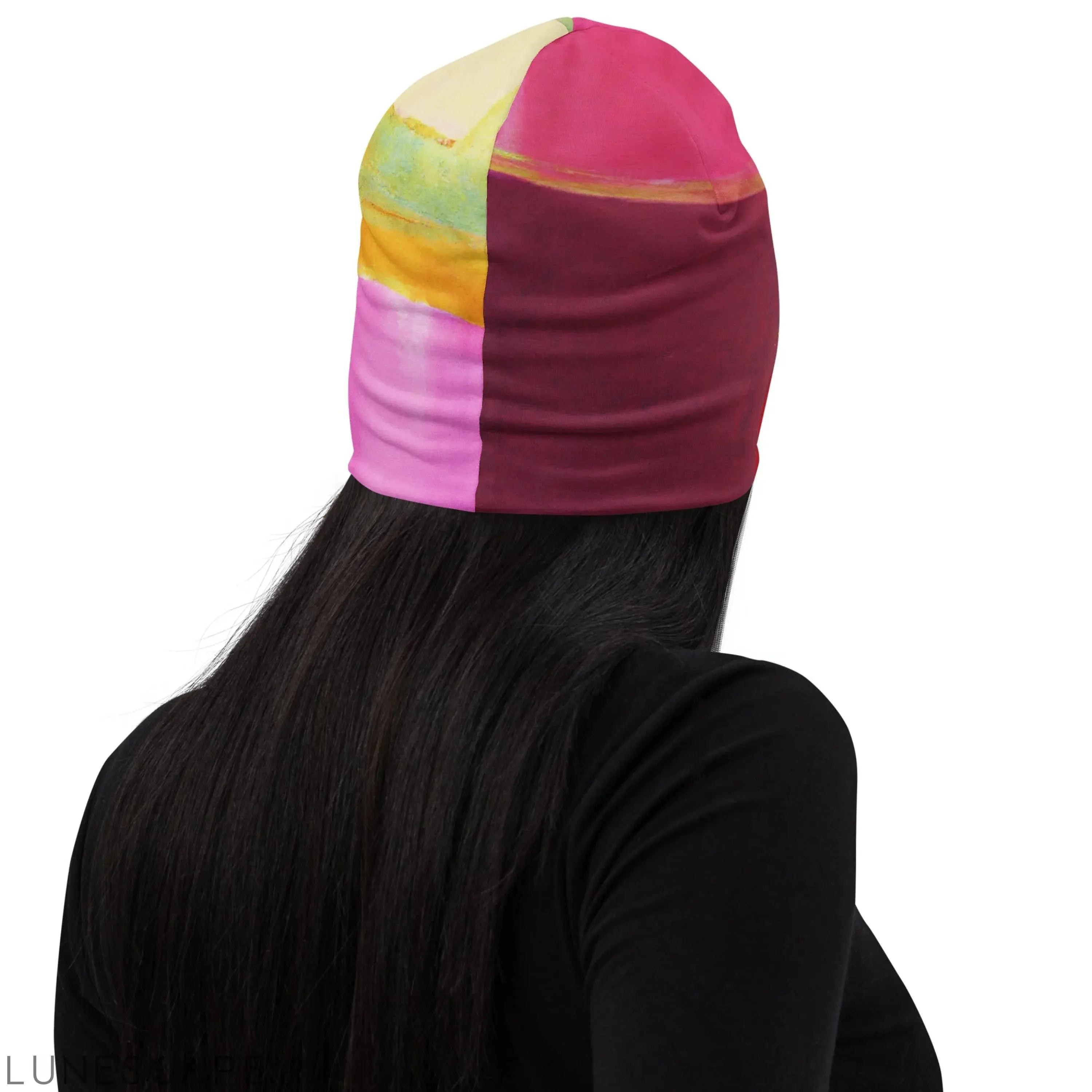 Double-layered Beanie Hat Pink Mauve Red Geometric Pattern 2 LUNESCAPE