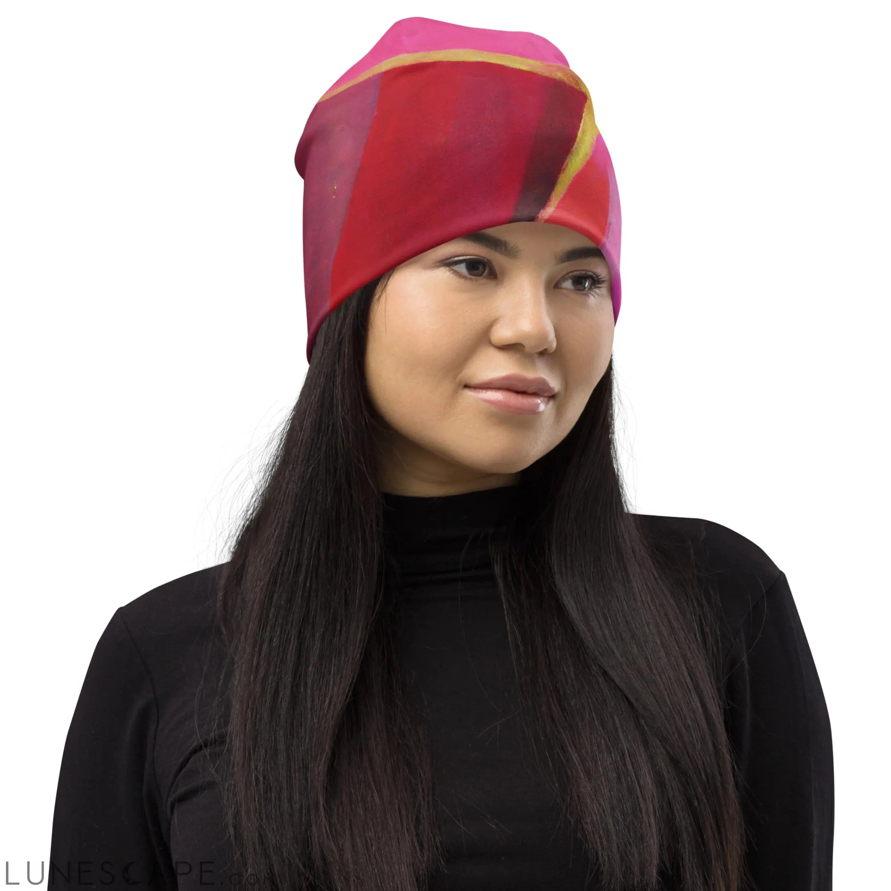 Double-layered Beanie Hat Pink Mauve Red Geometric Pattern 2 LUNESCAPE
