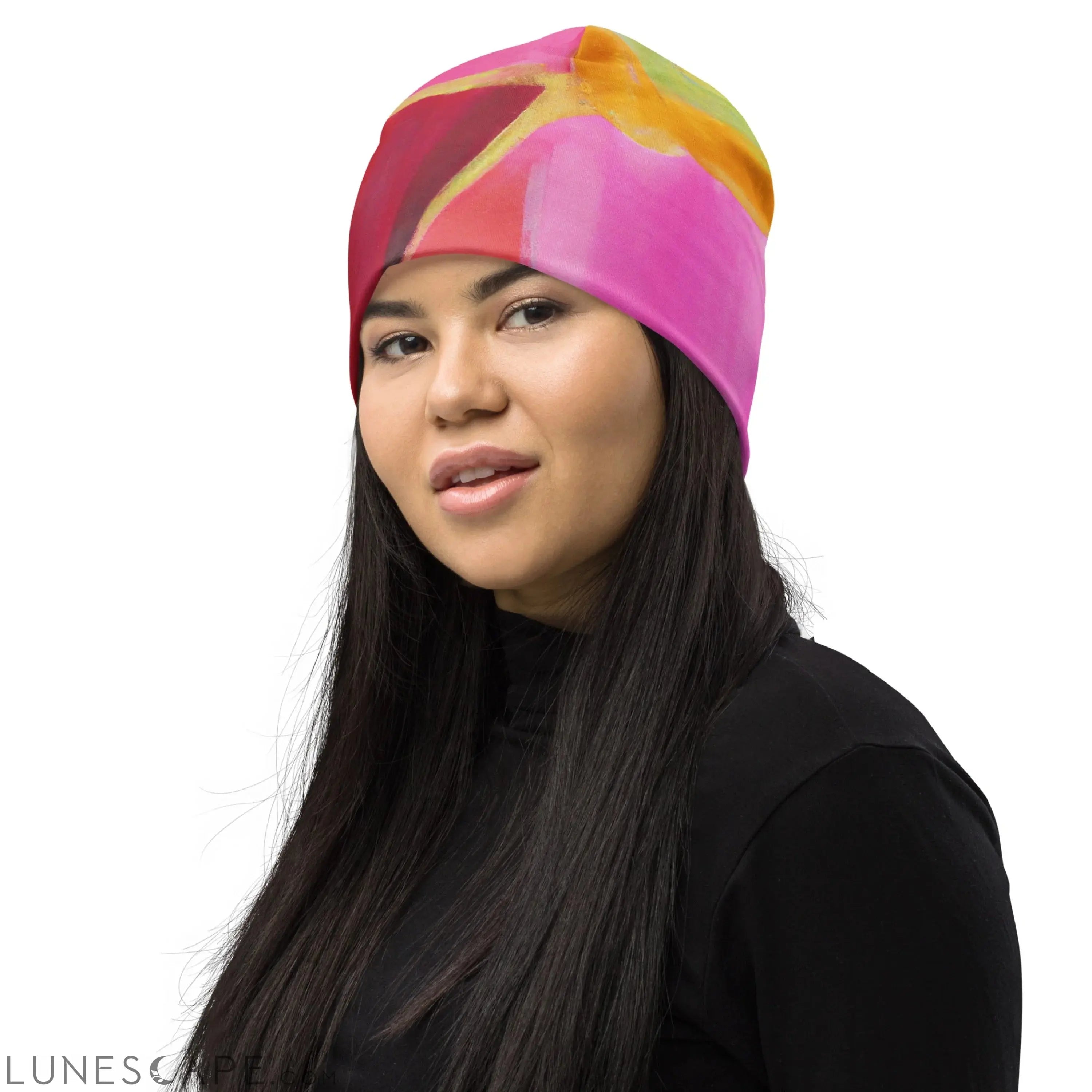 Double-layered Beanie Hat Pink Mauve Red Geometric Pattern 2 LUNESCAPE