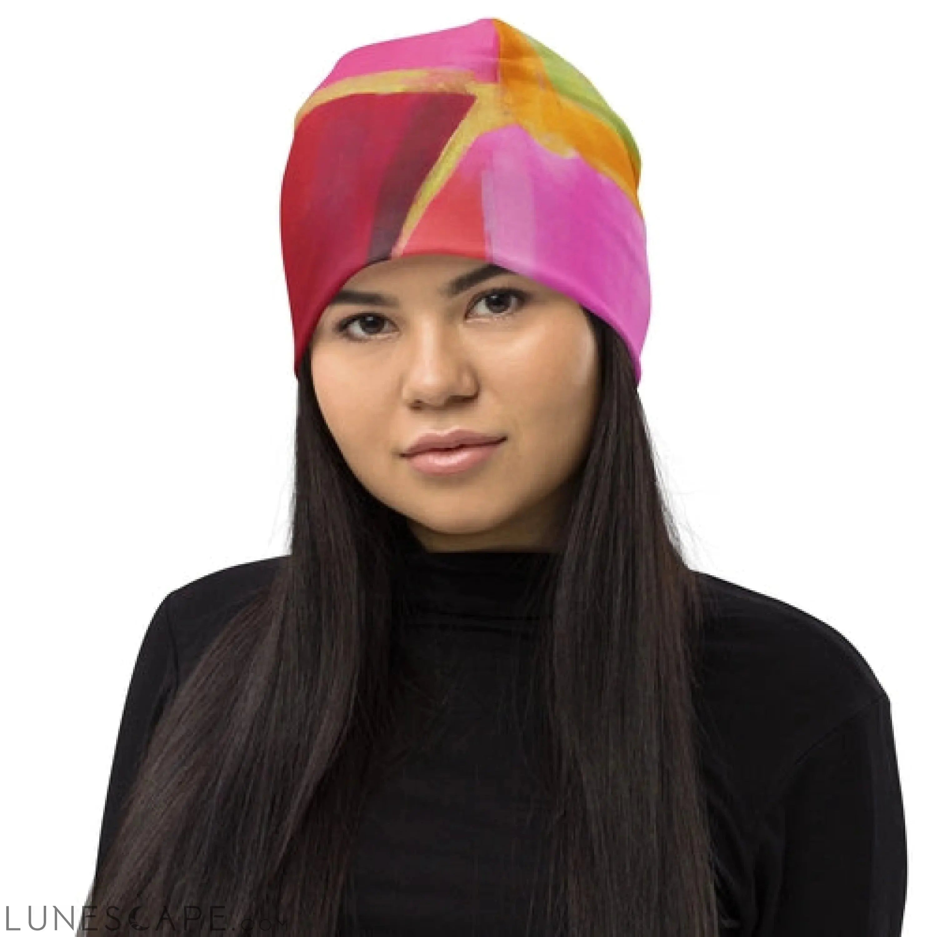 Double-layered Beanie Hat Pink Mauve Red Geometric Pattern 2 LUNESCAPE