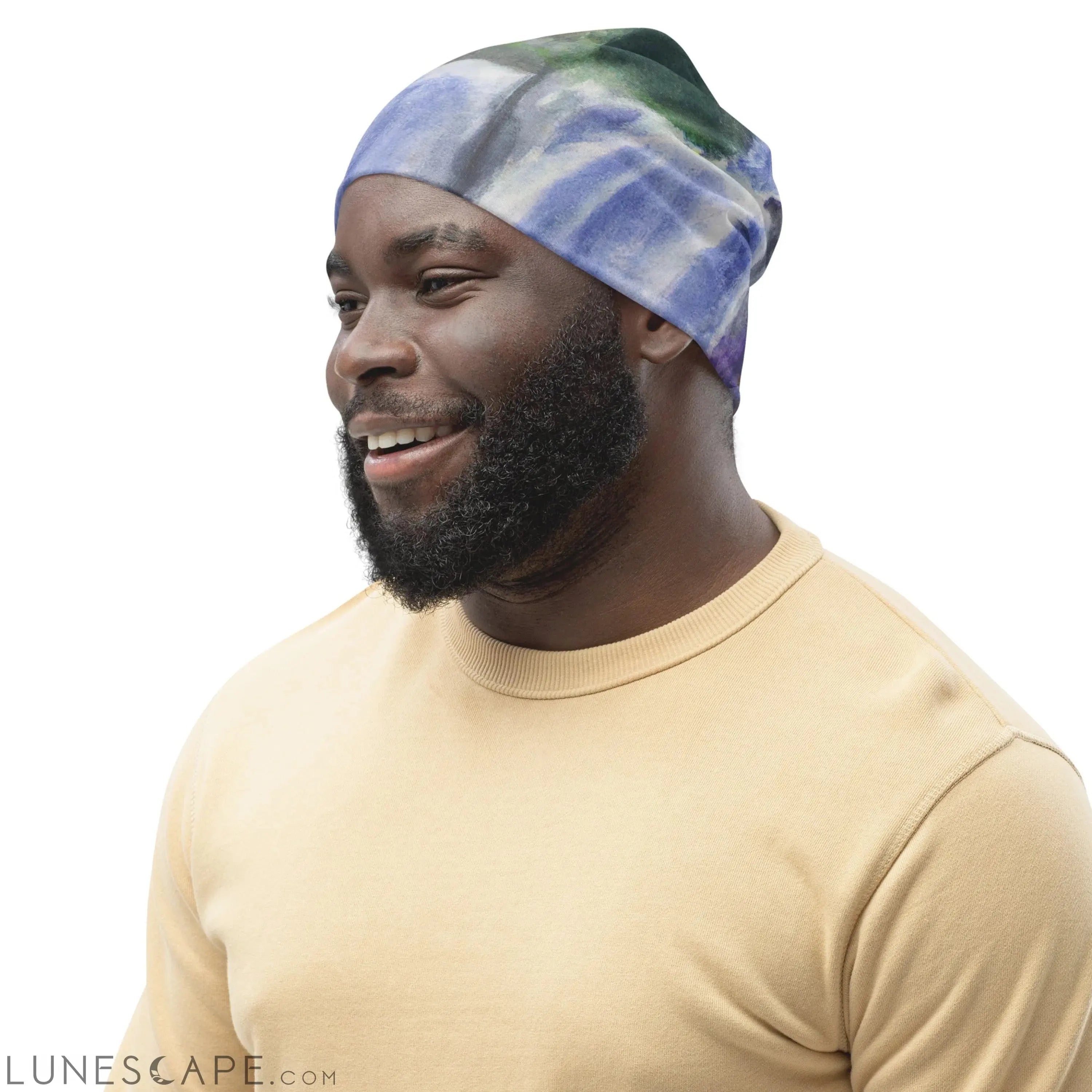 Double-layered Beanie Hat Purple Watercolor Waterfall Green Landscape LUNESCAPE