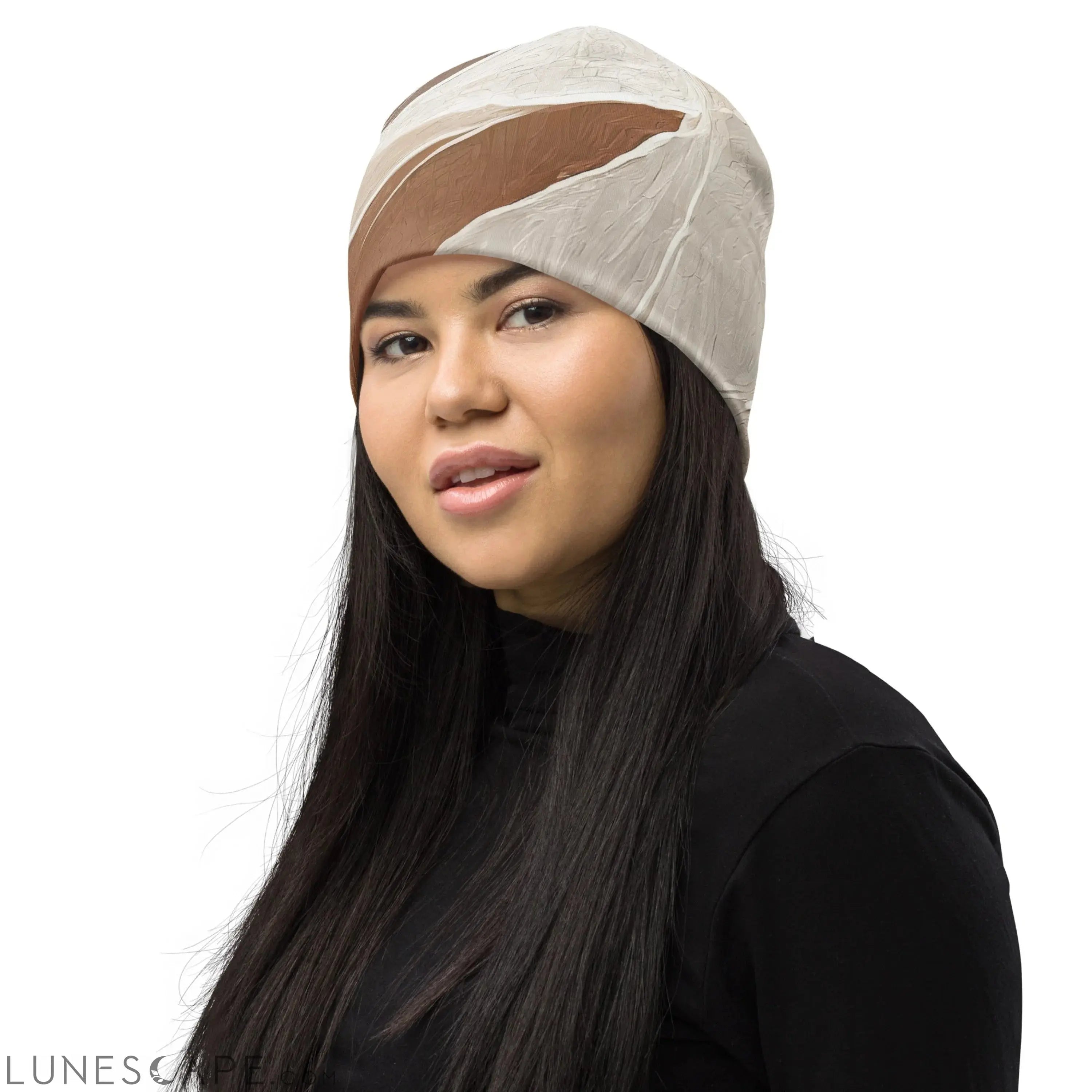 Double-layered Beanie Hat Rustic Brown Stone Print 4 LUNESCAPE