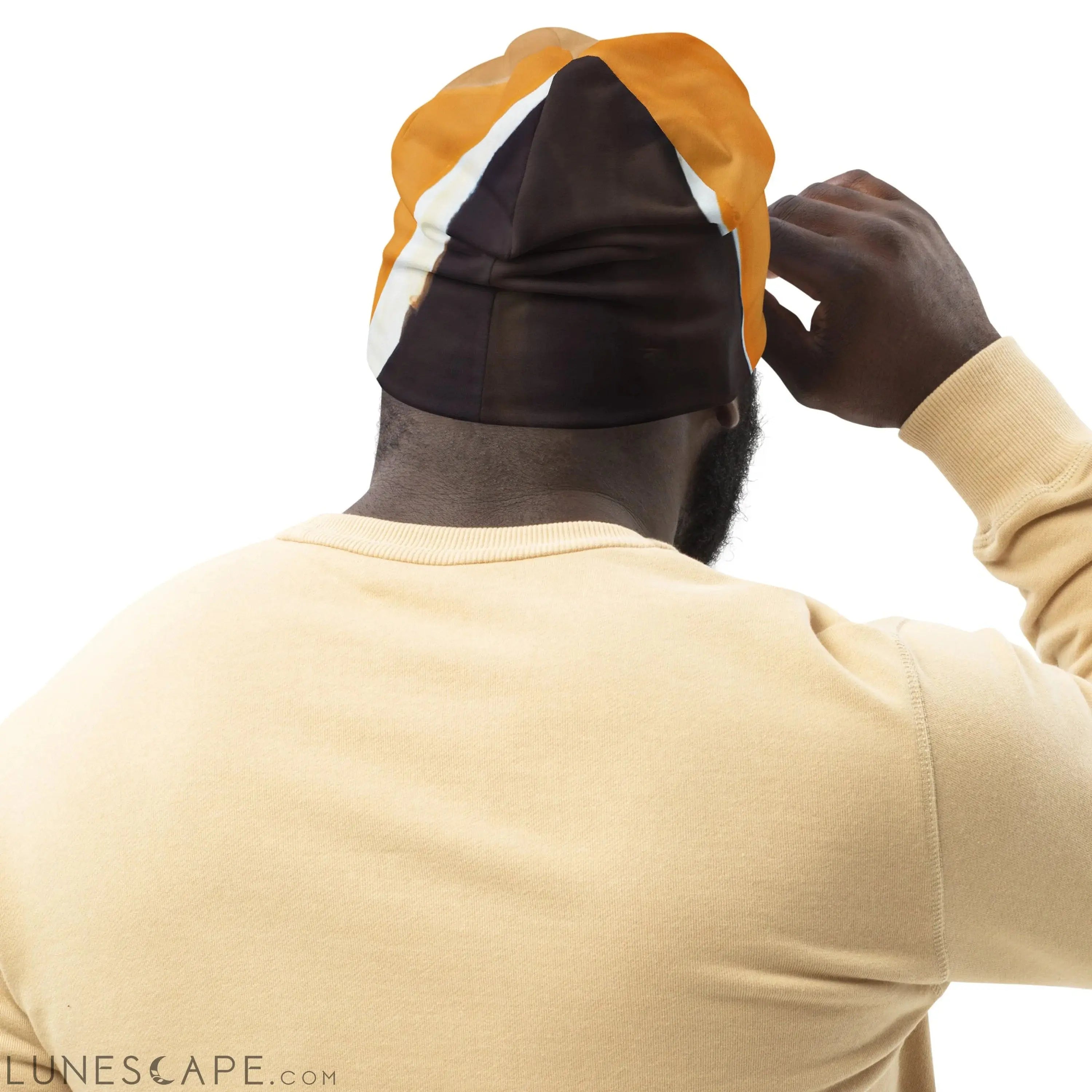 Double-layered Beanie Hat Yellow Brown Abstract Pattern LUNESCAPE