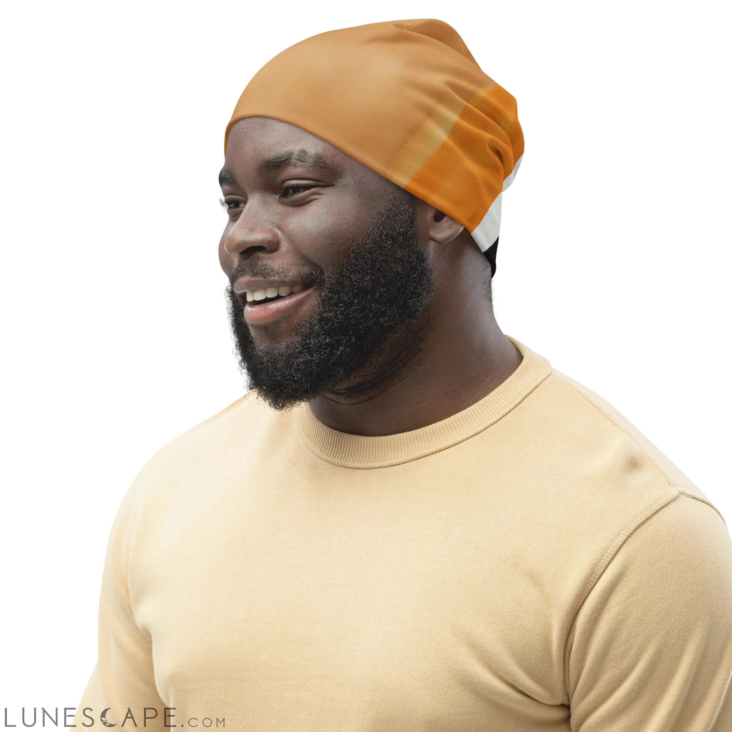 Double-layered Beanie Hat Yellow Brown Abstract Pattern LUNESCAPE