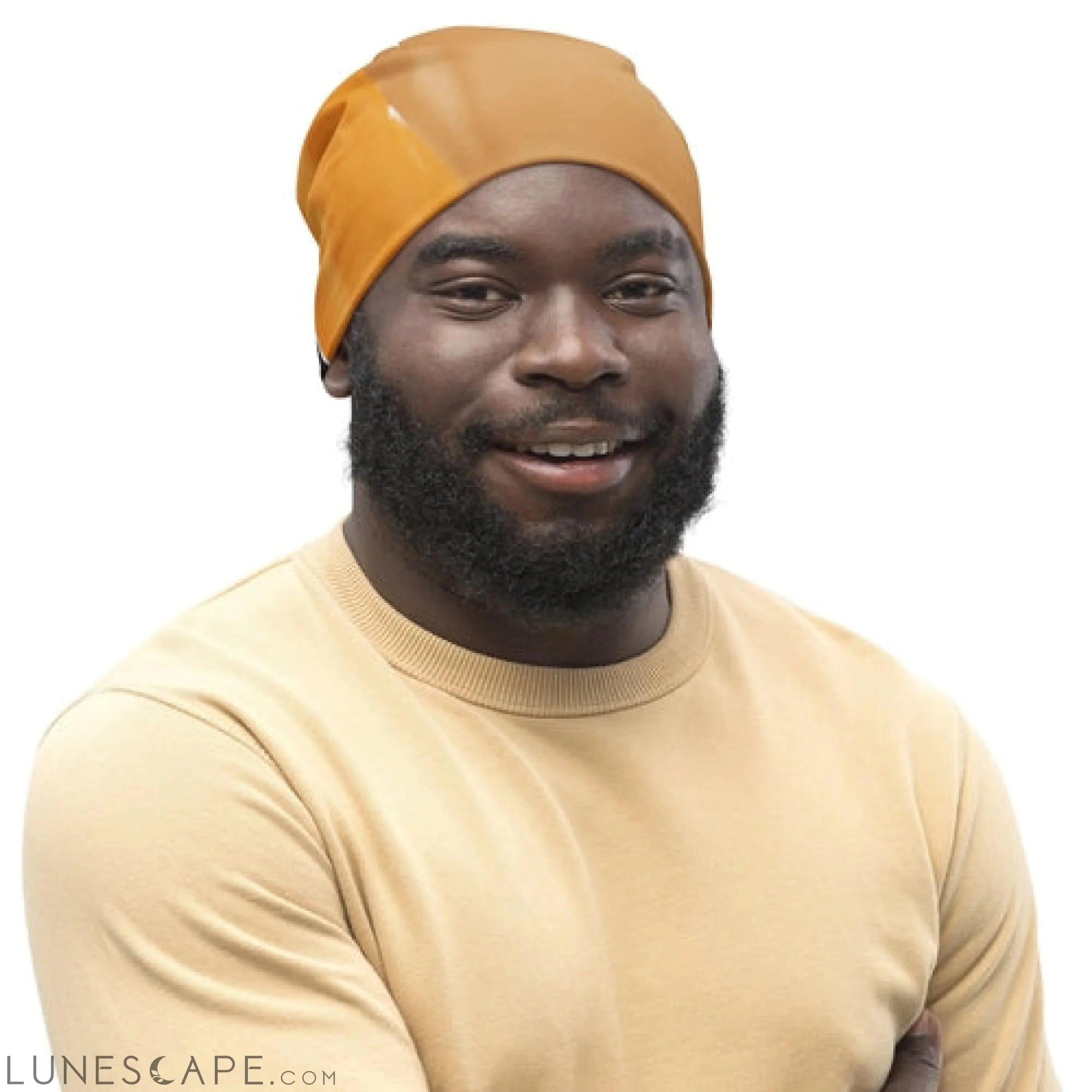 Double-layered Beanie Hat Yellow Brown Abstract Pattern LUNESCAPE