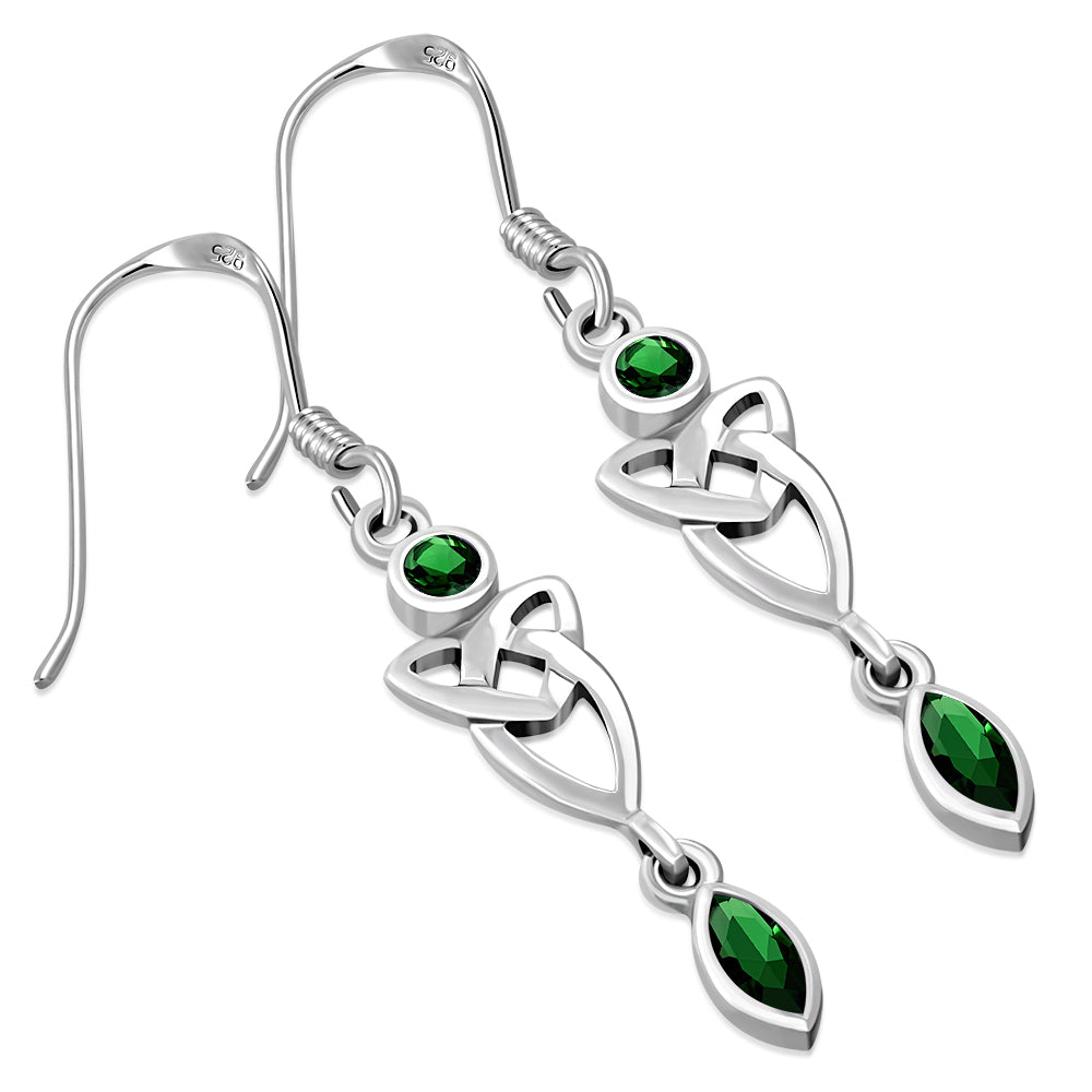 Green CZ Long Trinity Knot Sterling Silver Earrings LUNESCAPE