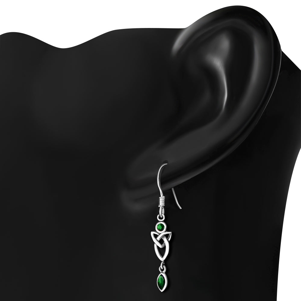 Green CZ Long Trinity Knot Sterling Silver Earrings LUNESCAPE