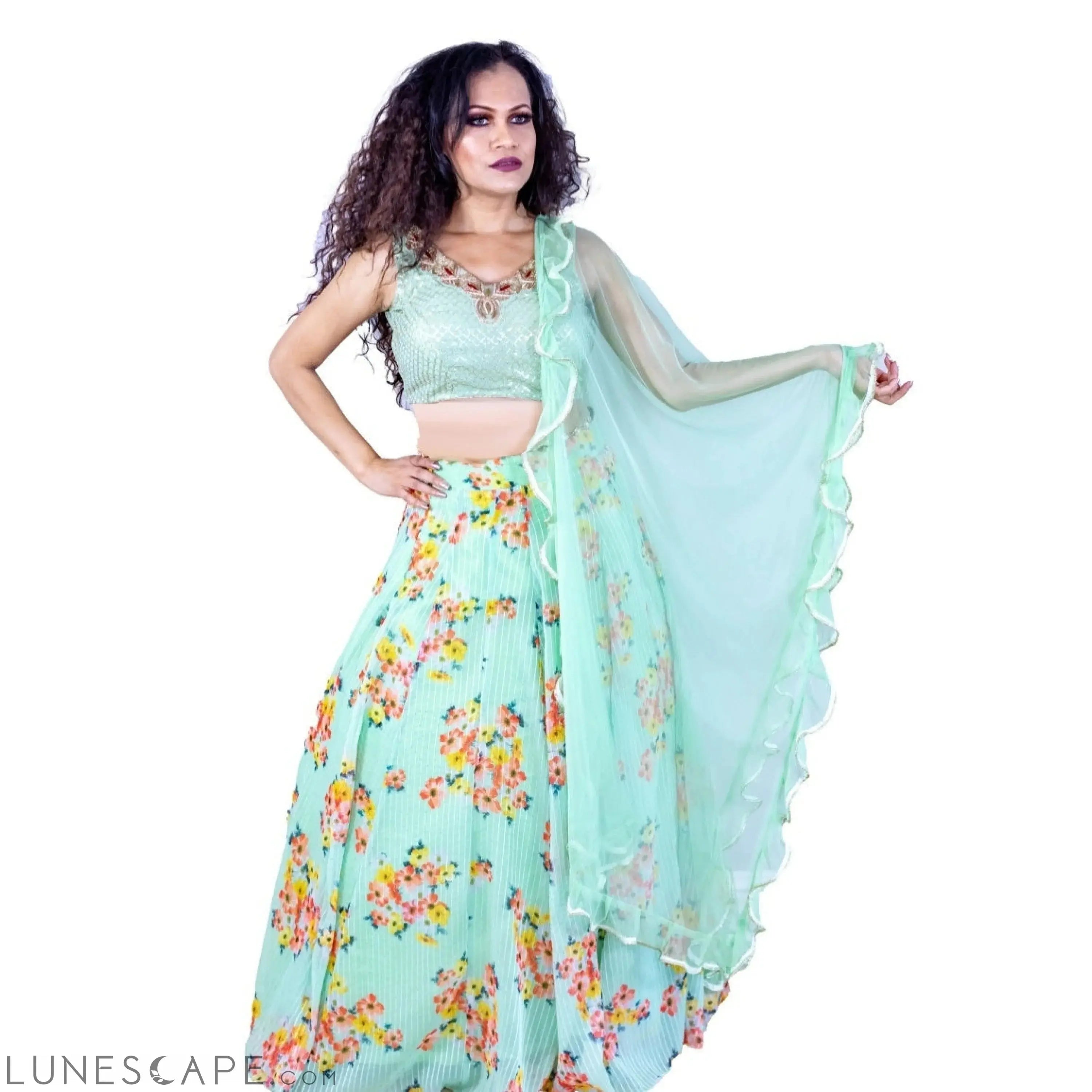 Floral Design Lehenga Set - Green LUNESCAPE