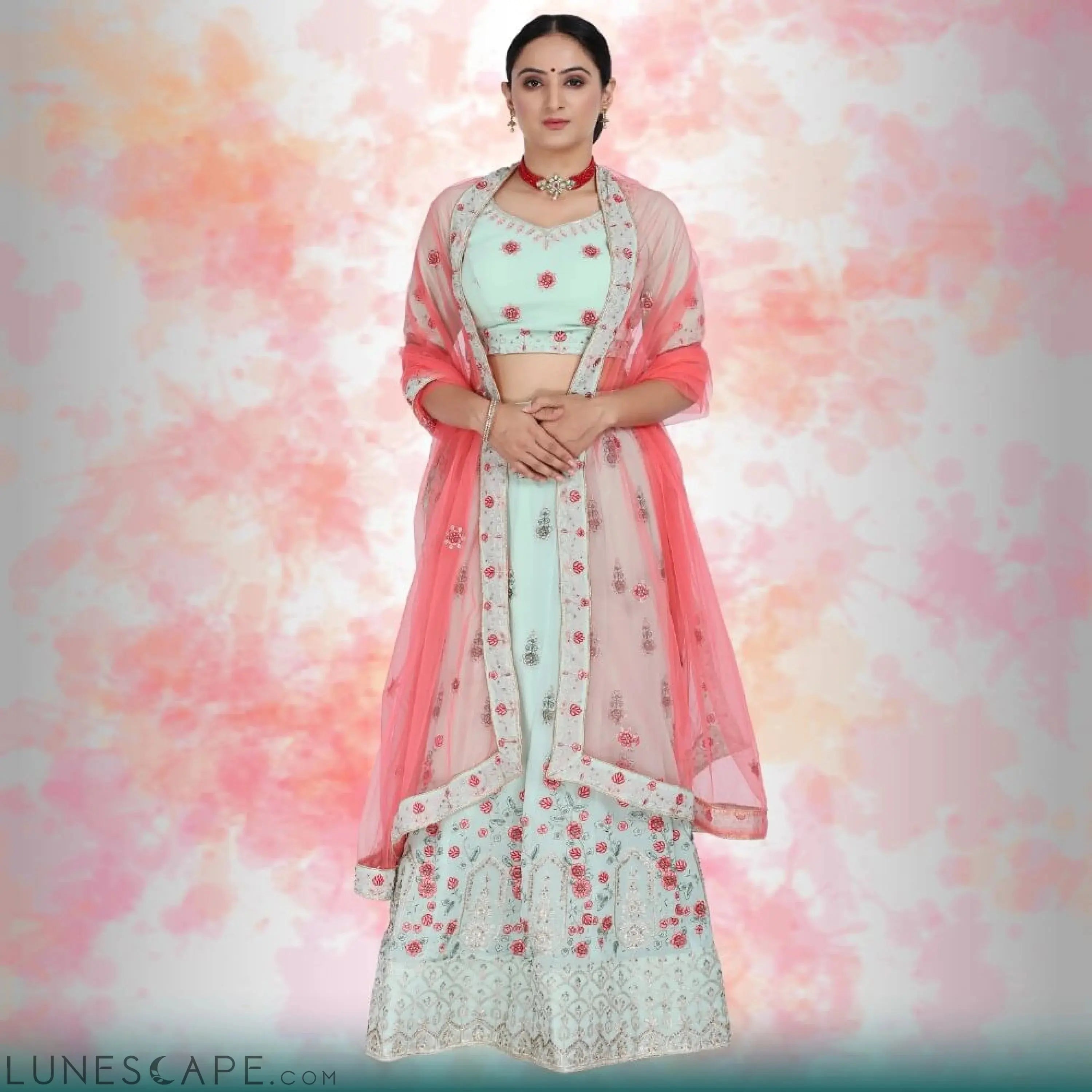 Georgette Lehenga With Readymade Blouse - Green LUNESCAPE