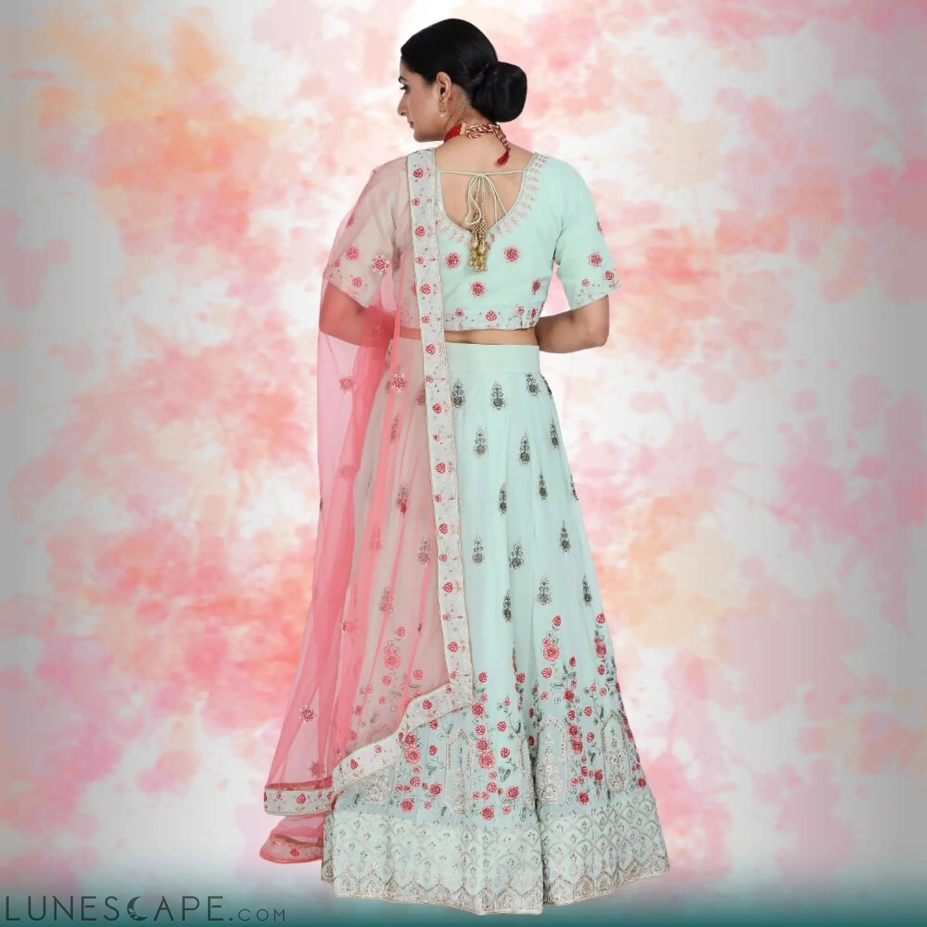 Georgette Lehenga With Readymade Blouse - Green LUNESCAPE
