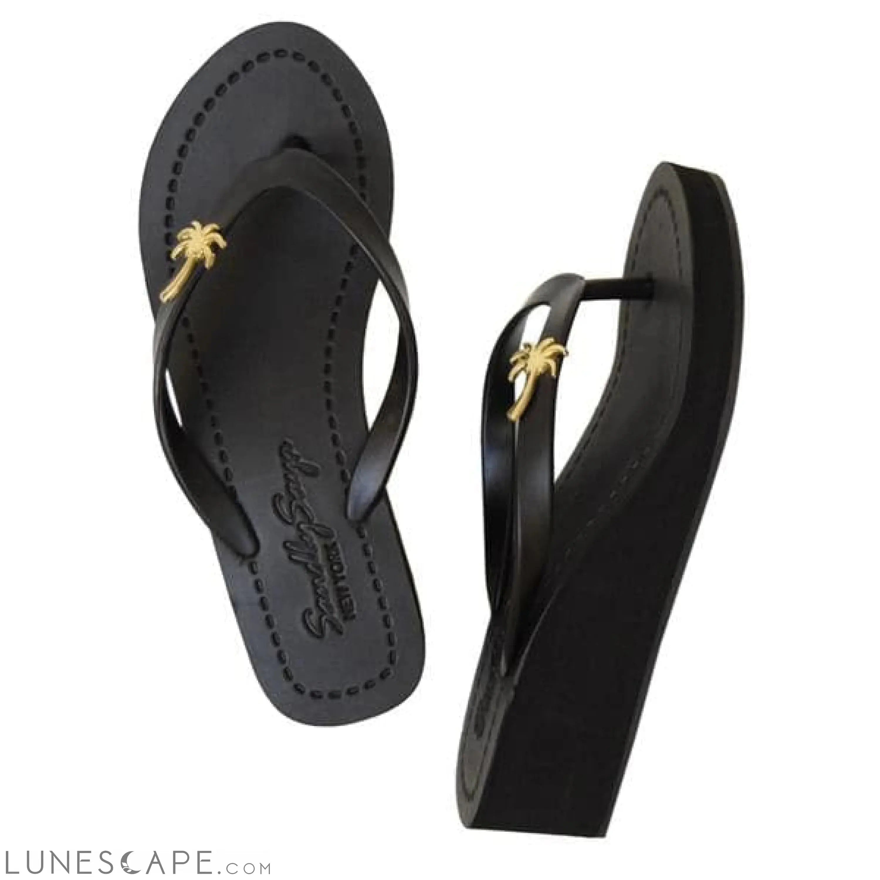 Gold Palm Tree - Studs Charm Mid Wedge Flip Flops Sandals LUNESCAPE