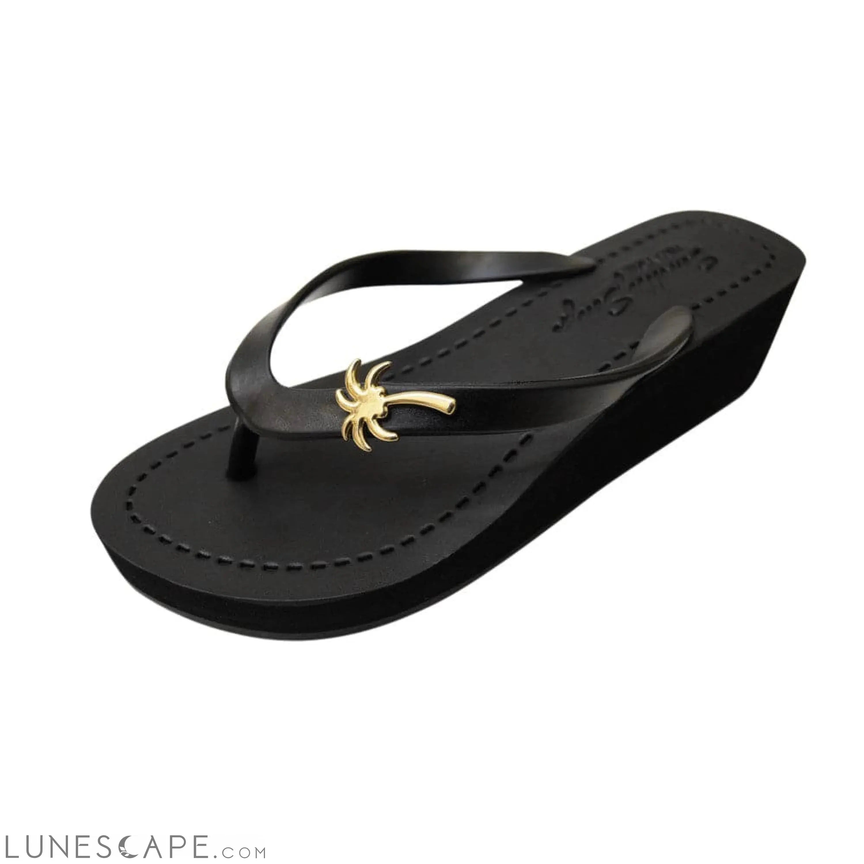 Gold Palm Tree - Studs Charm Mid Wedge Flip Flops Sandals LUNESCAPE