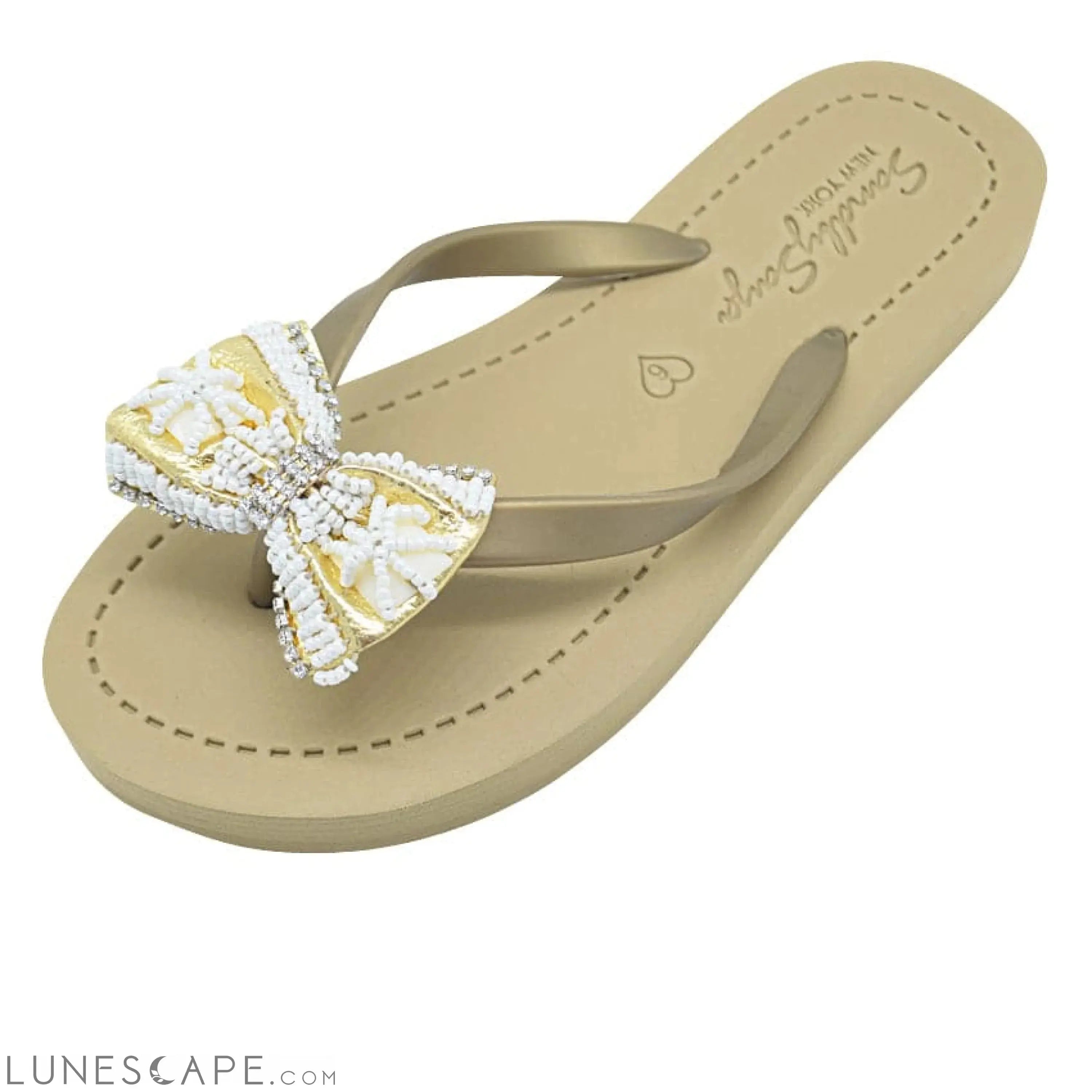 Gold and Pearl Bow-Rhine Stone Embellished Women's Flat Flip Flops Sandal LUNESCAPE