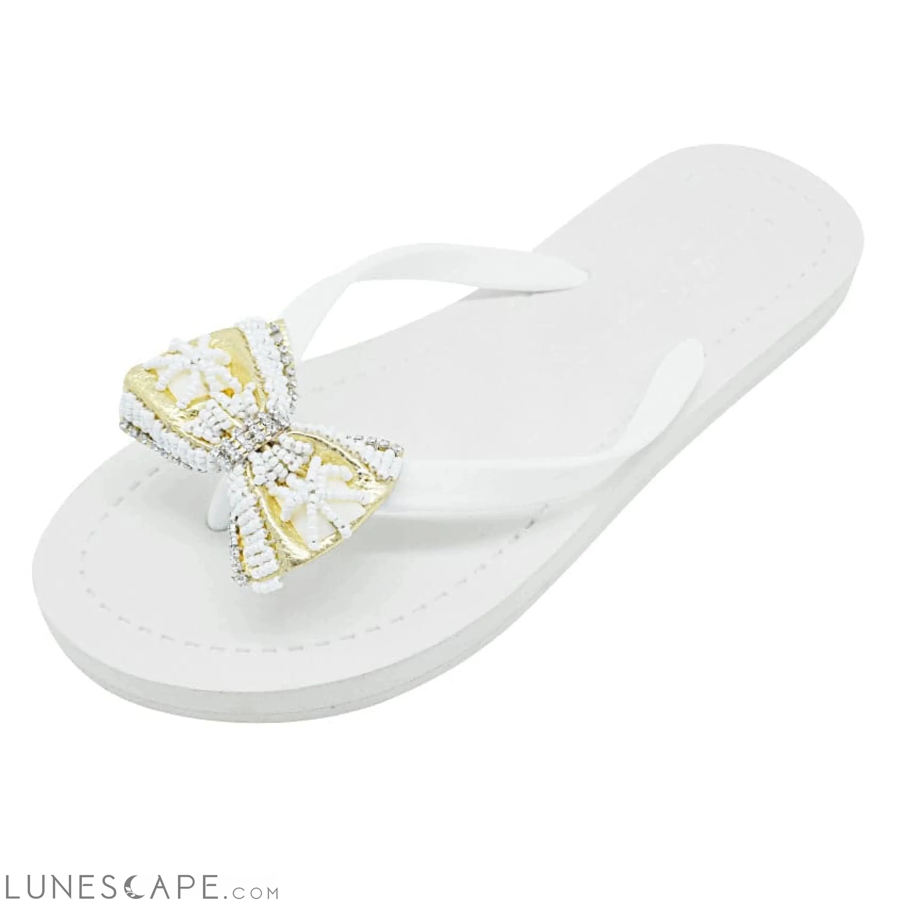 Gold and Pearl Bow-Rhine Stone Embellished Women's Flat Flip Flops Sandal LUNESCAPE