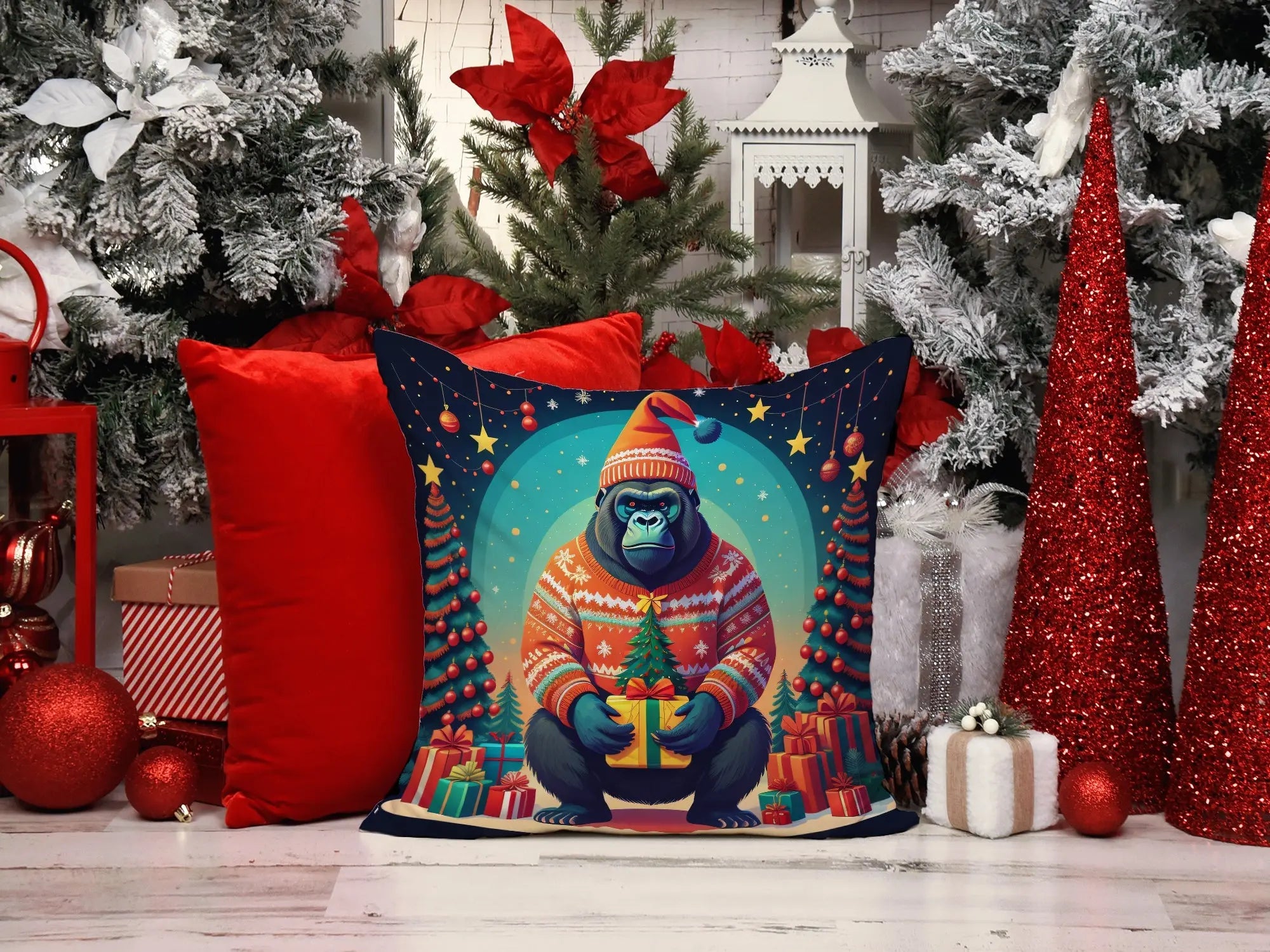 Gorilla Christmas Throw Pillow LUNESCAPE