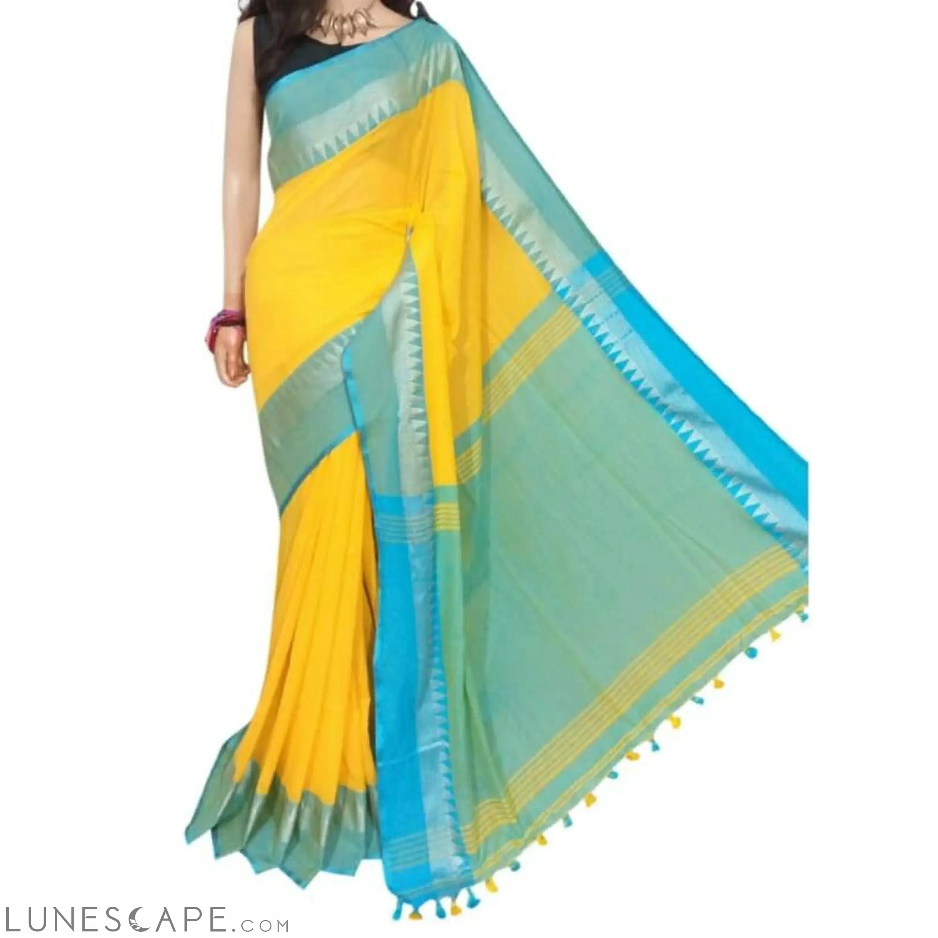 Handloom Cotton Saree With Jari Border Blue Border LUNESCAPE