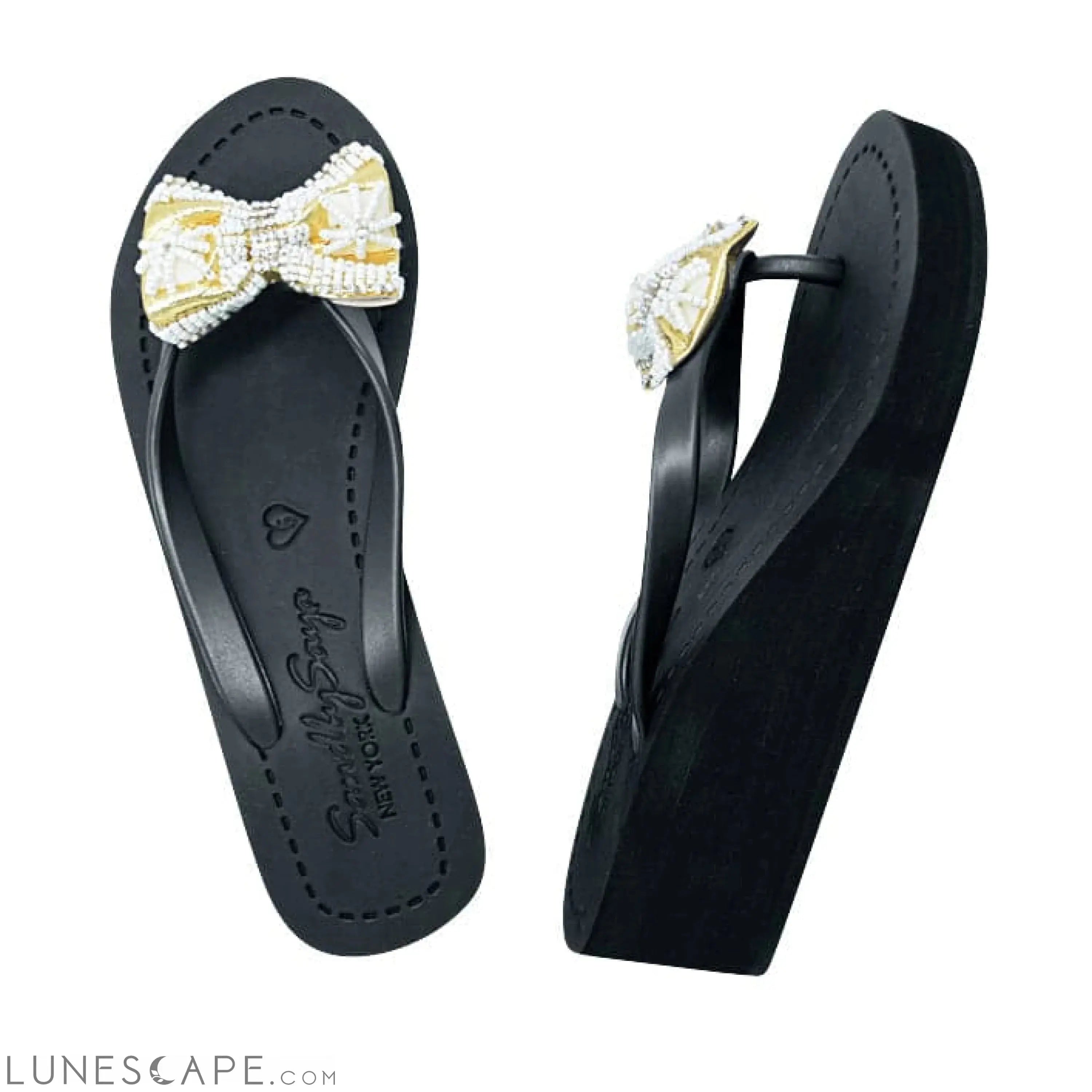 High Line - Pearl & Gold Bow Embroidery Mid Wedge Flip Flops Sandals LUNESCAPE