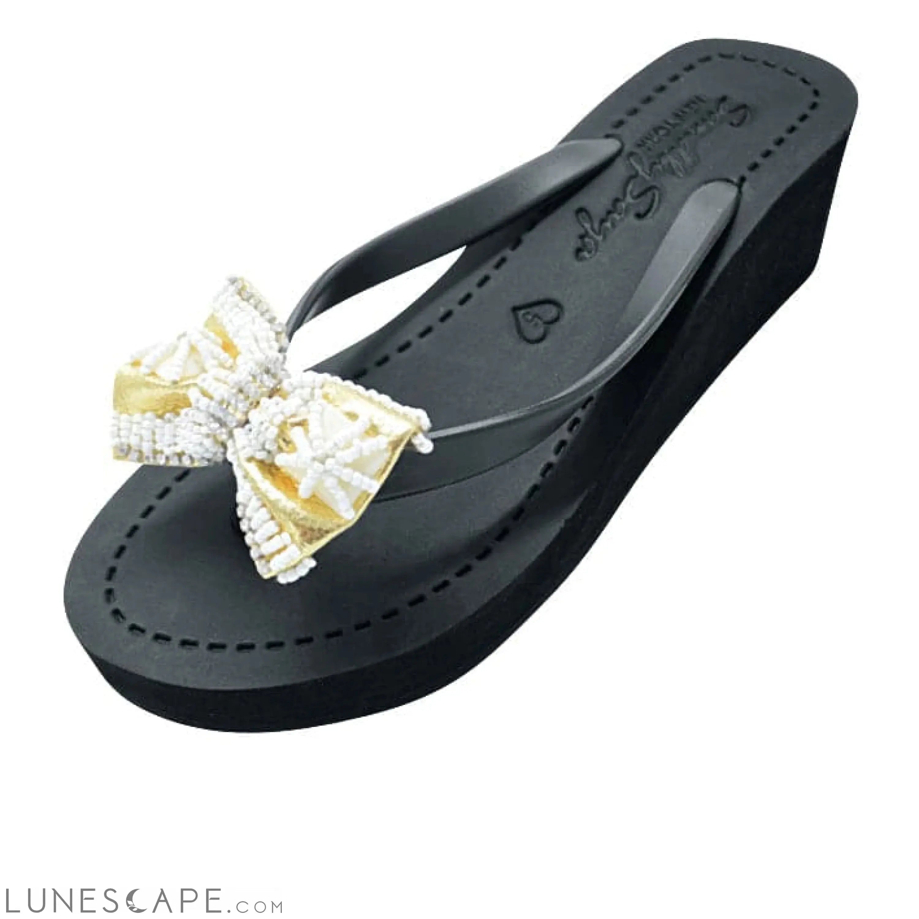 High Line - Pearl & Gold Bow Embroidery Mid Wedge Flip Flops Sandals LUNESCAPE