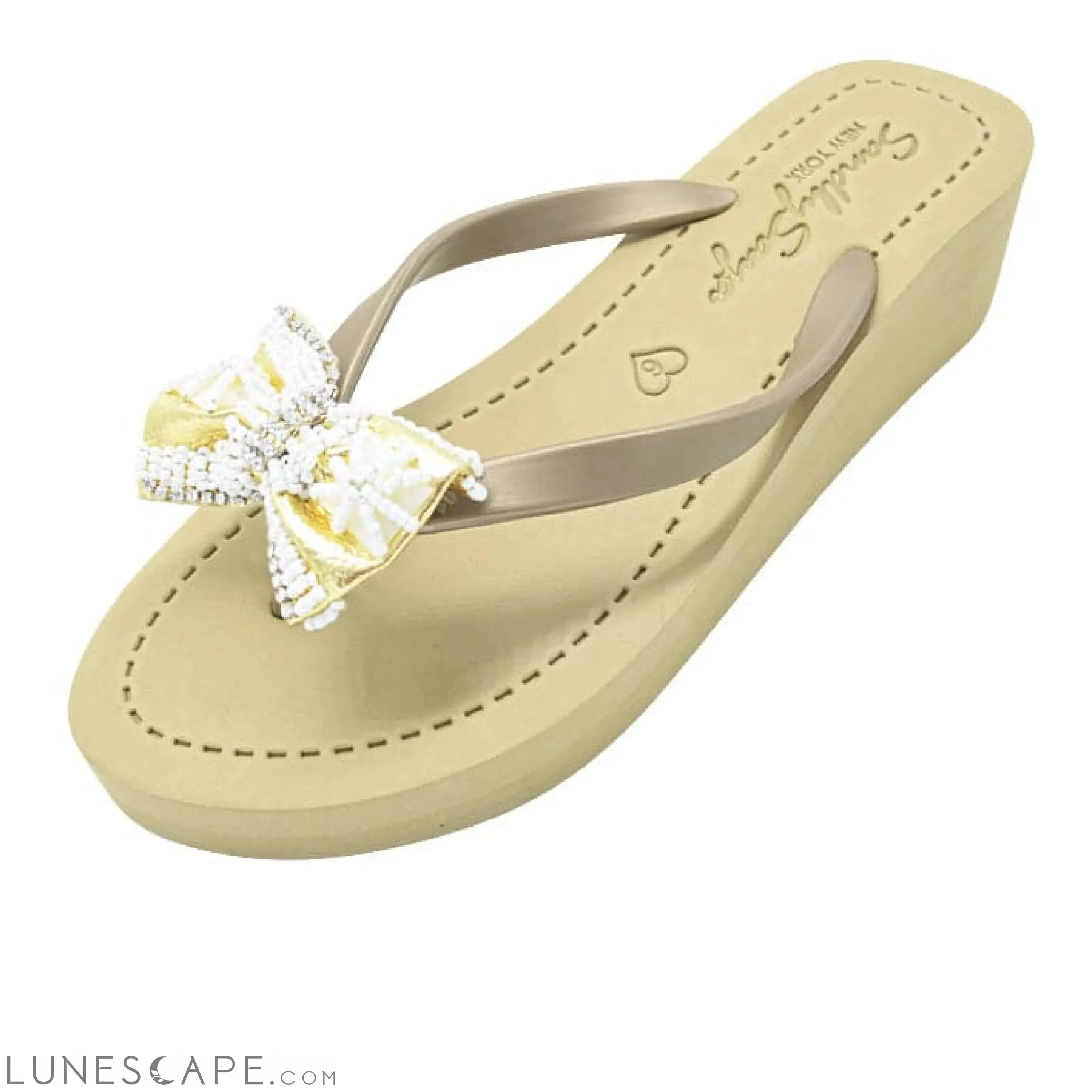 High Line - Pearl & Gold Bow Embroidery Mid Wedge Flip Flops Sandals LUNESCAPE