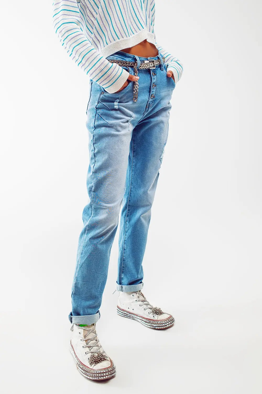 High Waist Button Detail Mom Jeans LUNESCAPE