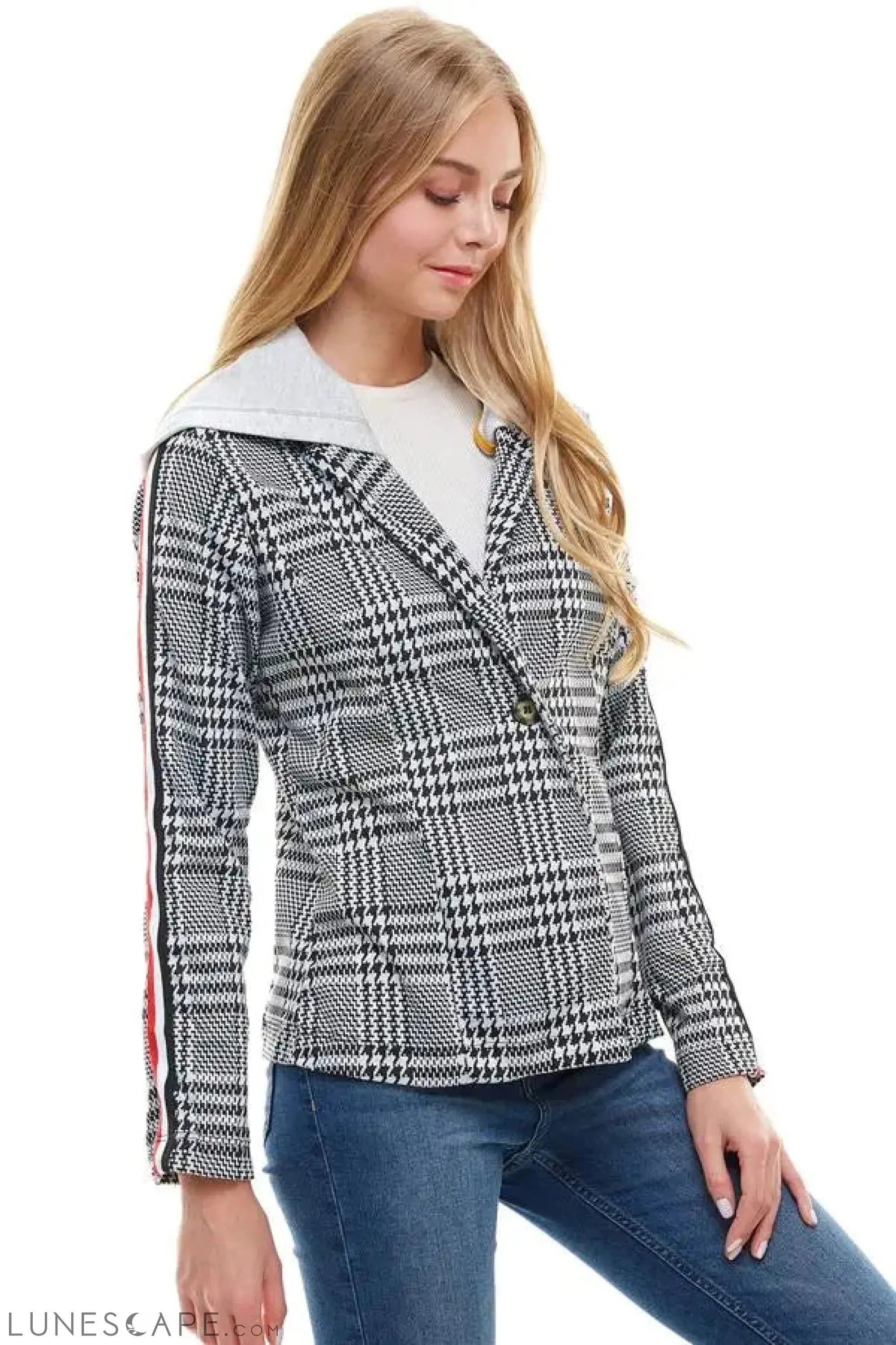 Hooded Plaid Blazer LUNESCAPE