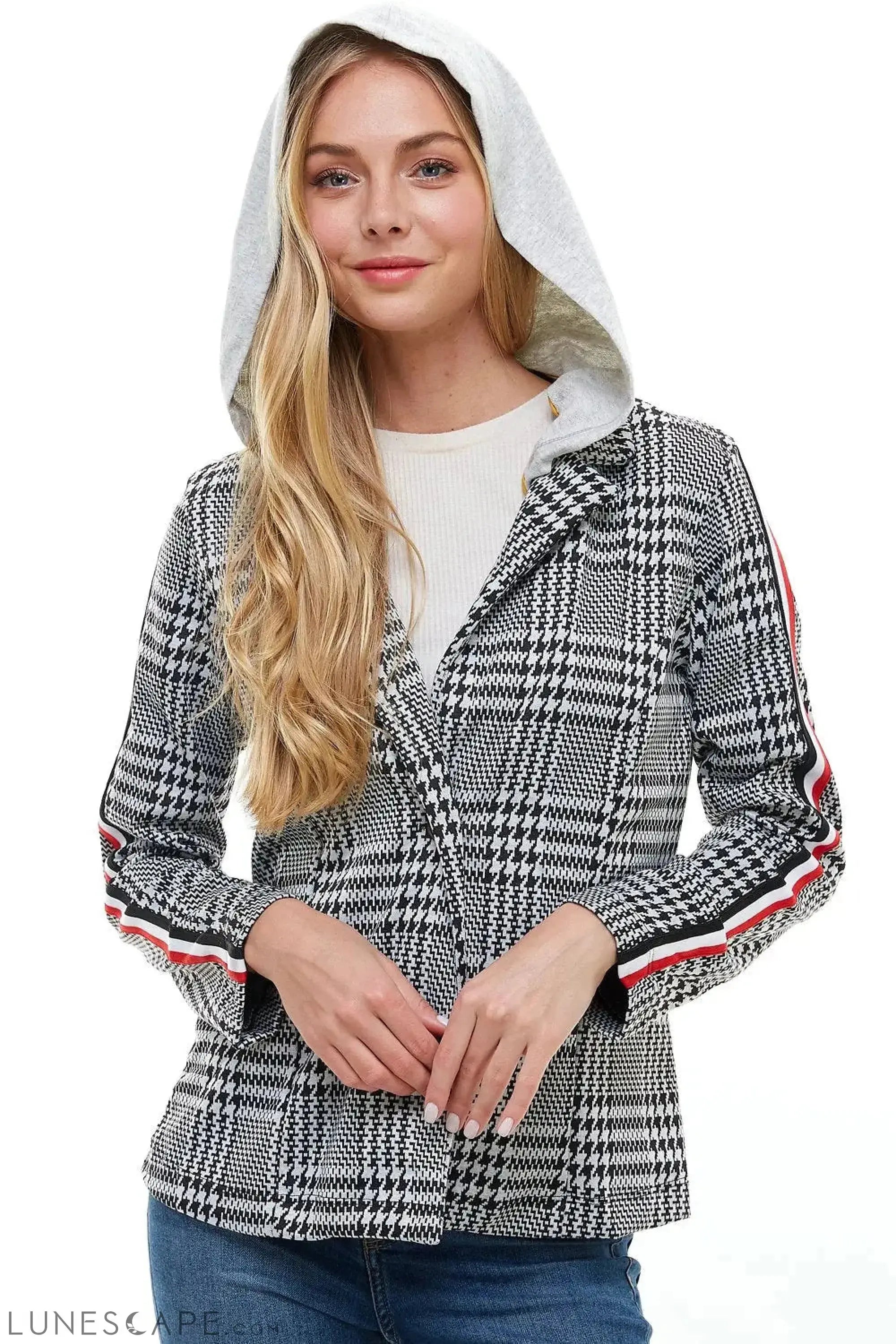 Hooded Plaid Blazer LUNESCAPE