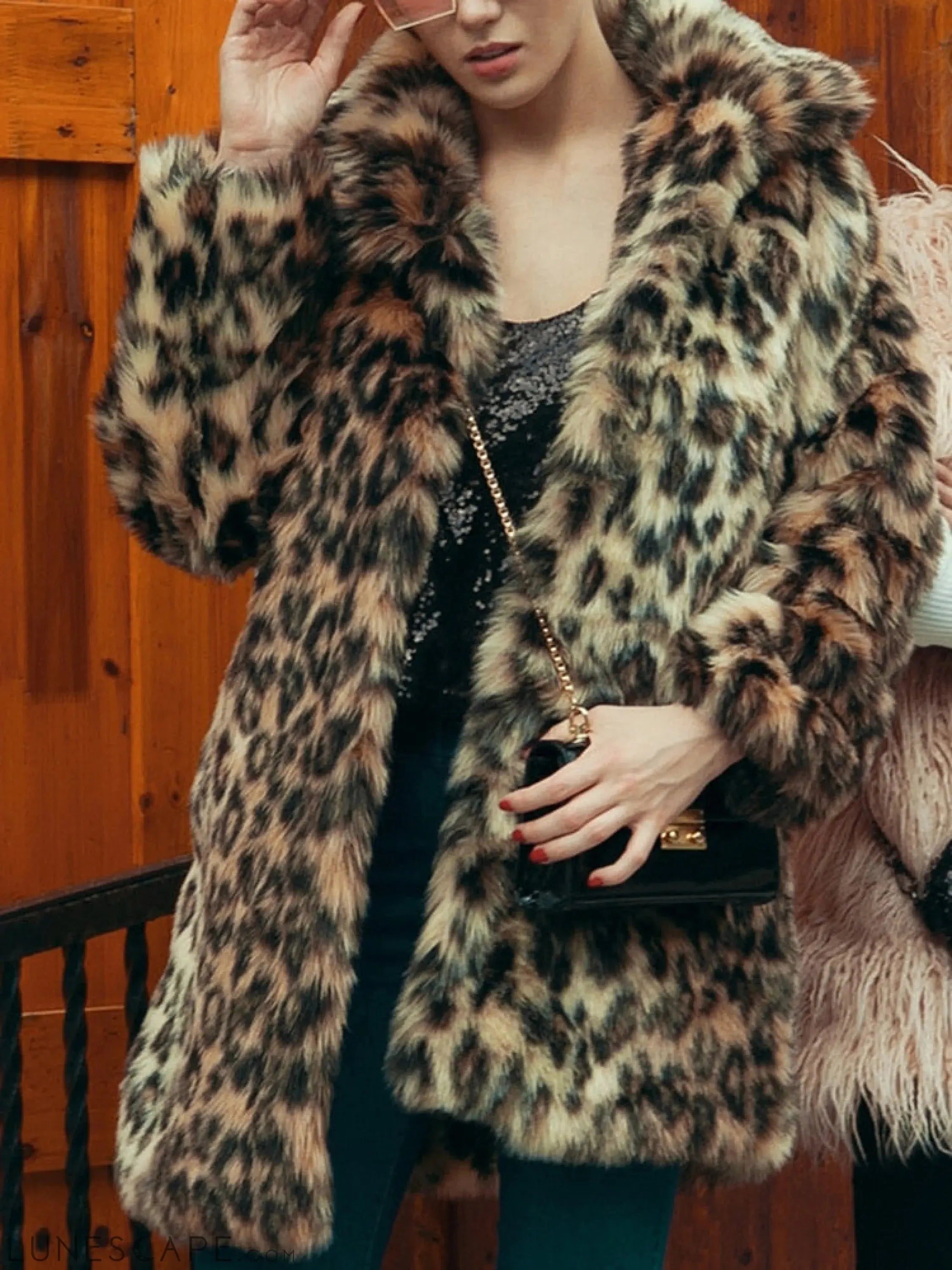 Leopard Print Faux Fur Coat Women Winter Long Sleeve Turn-Down Collar LUNESCAPE