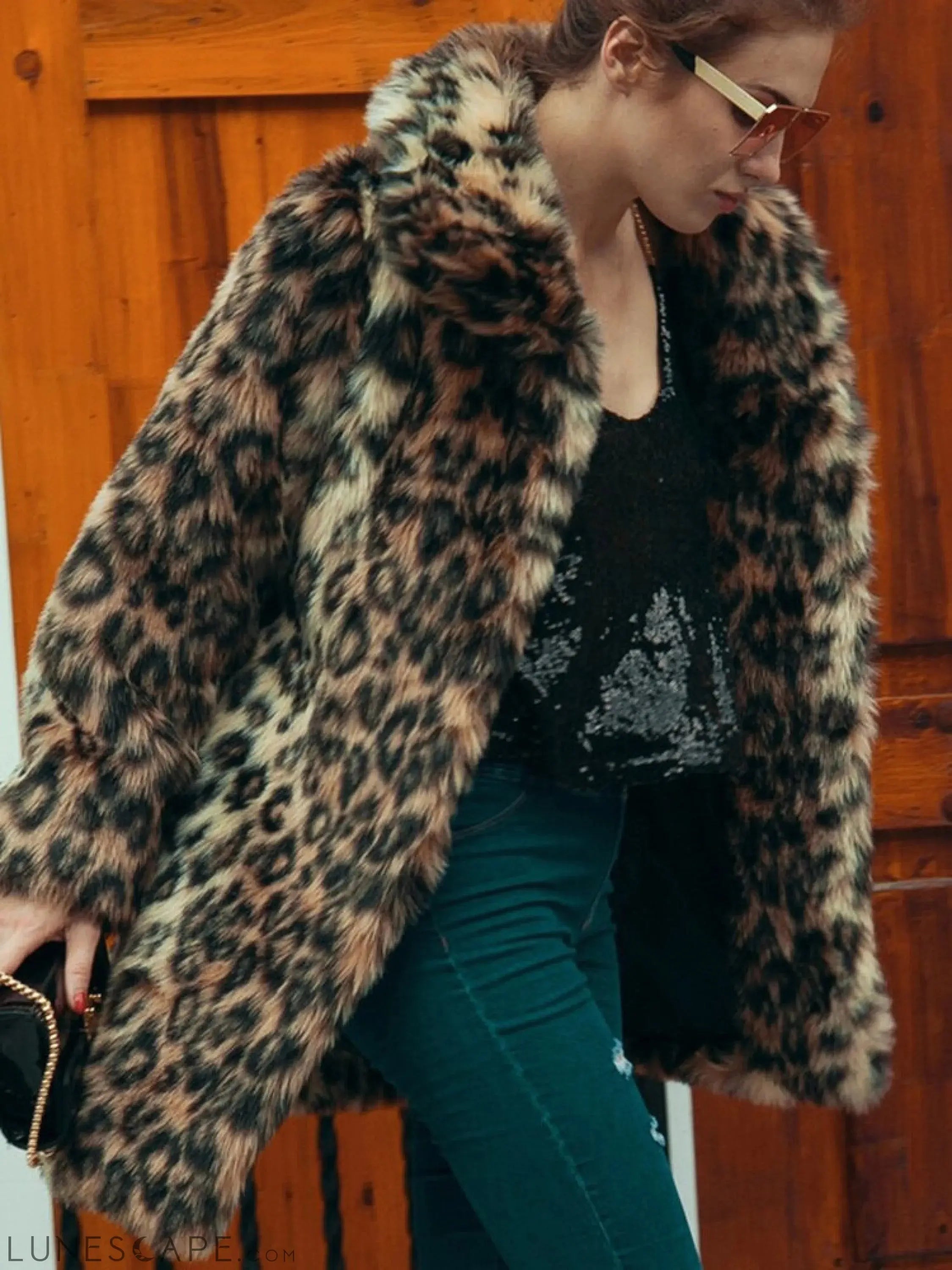Leopard Print Faux Fur Coat Women Winter Long Sleeve Turn-Down Collar LUNESCAPE