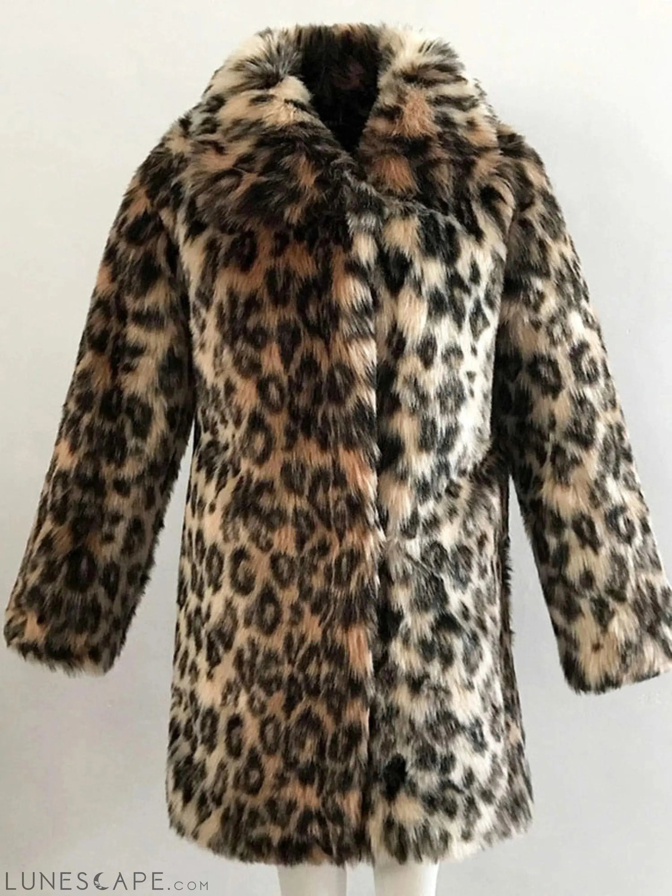 Leopard Print Faux Fur Coat Women Winter Long Sleeve Turn-Down Collar LUNESCAPE