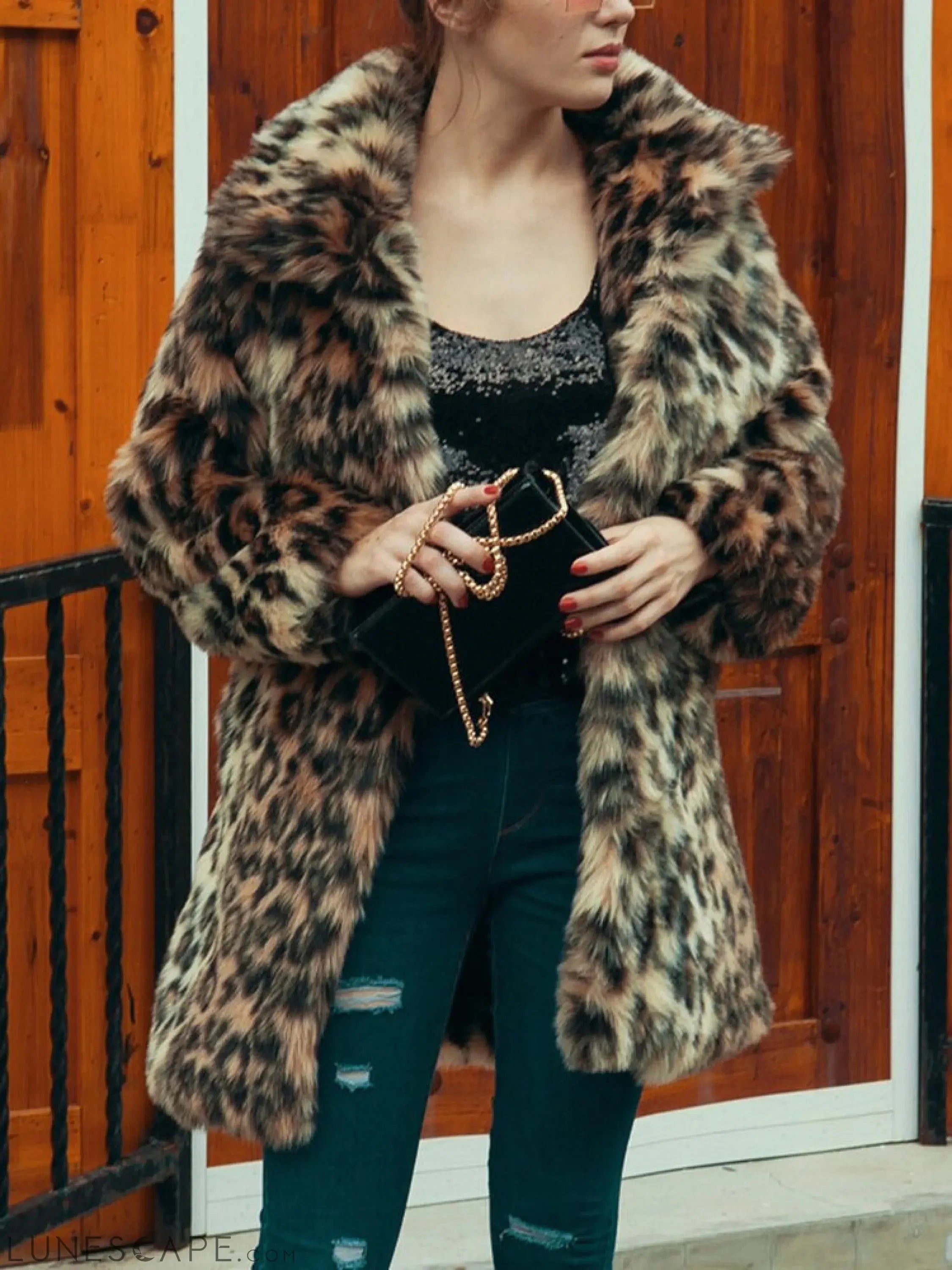 Leopard Print Faux Fur Coat Women Winter Long Sleeve Turn-Down Collar LUNESCAPE