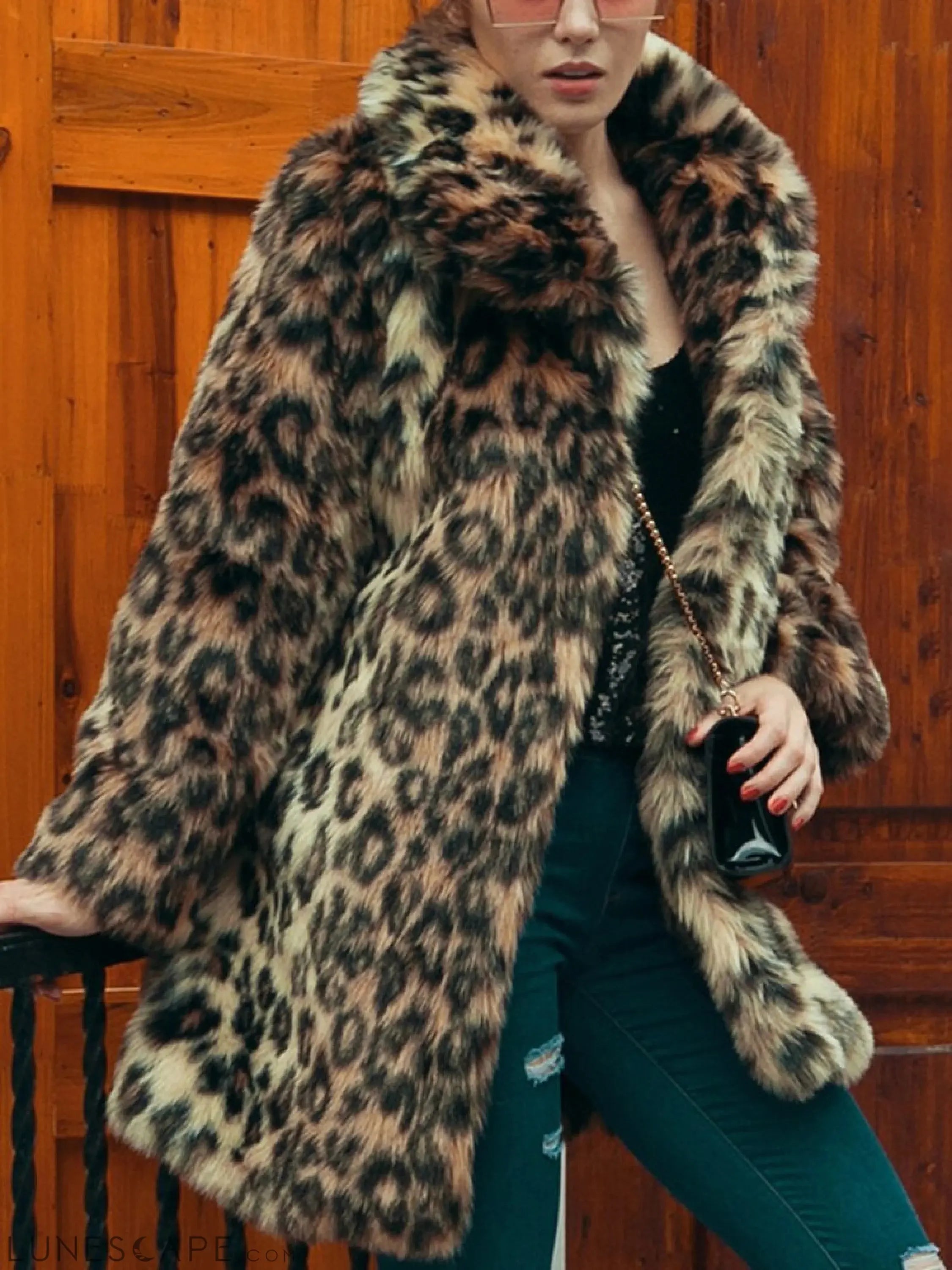 Leopard Print Faux Fur Coat Women Winter Long Sleeve Turn-Down Collar LUNESCAPE