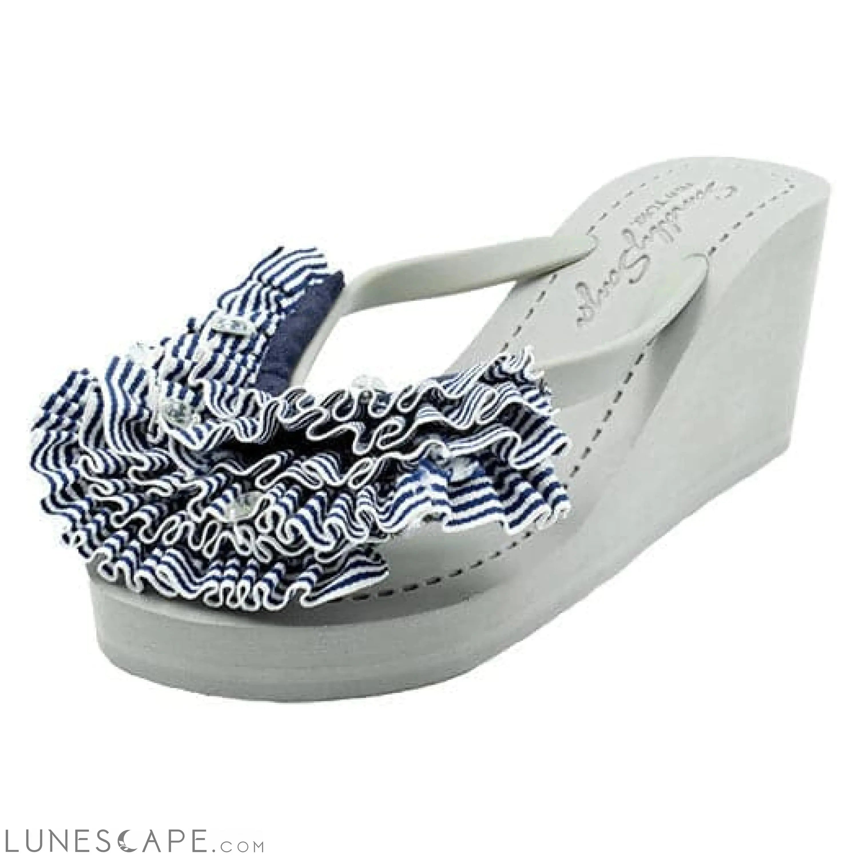Marine Stripe Ruffle - Triple Rockaway - Embellished High Wedge Flip Flops Sandal LUNESCAPE