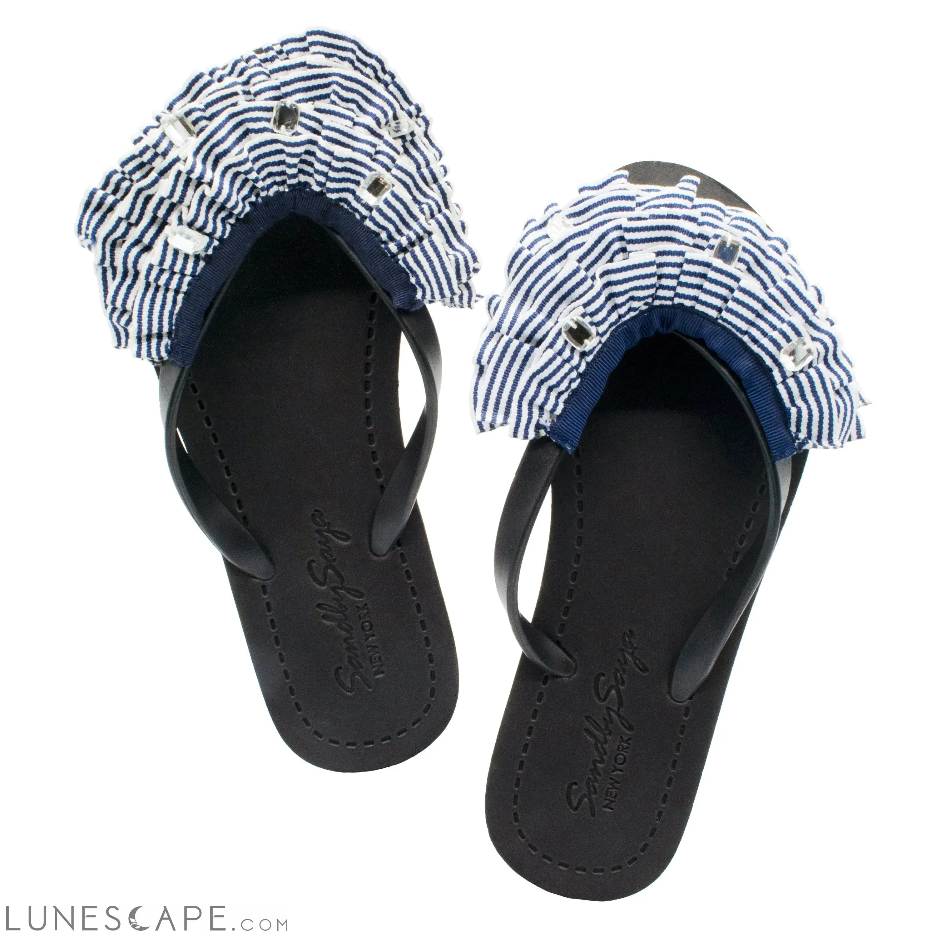 Marine Stripe Ruffle - Triple Rockaway- Flat Flip Flops Sandal LUNESCAPE