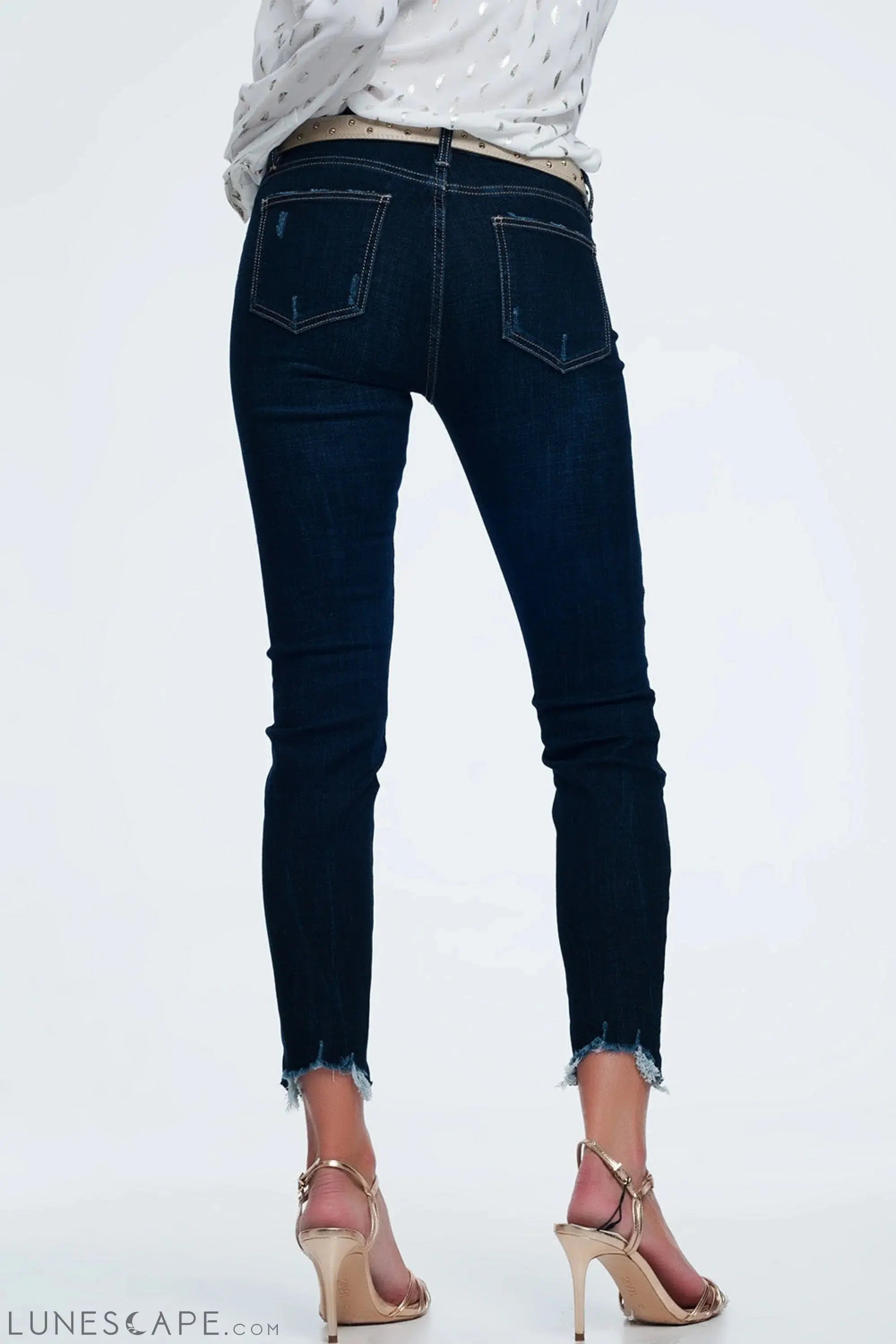 Mid Rise Jeans in Bright Blue With Raw Hem LUNESCAPE
