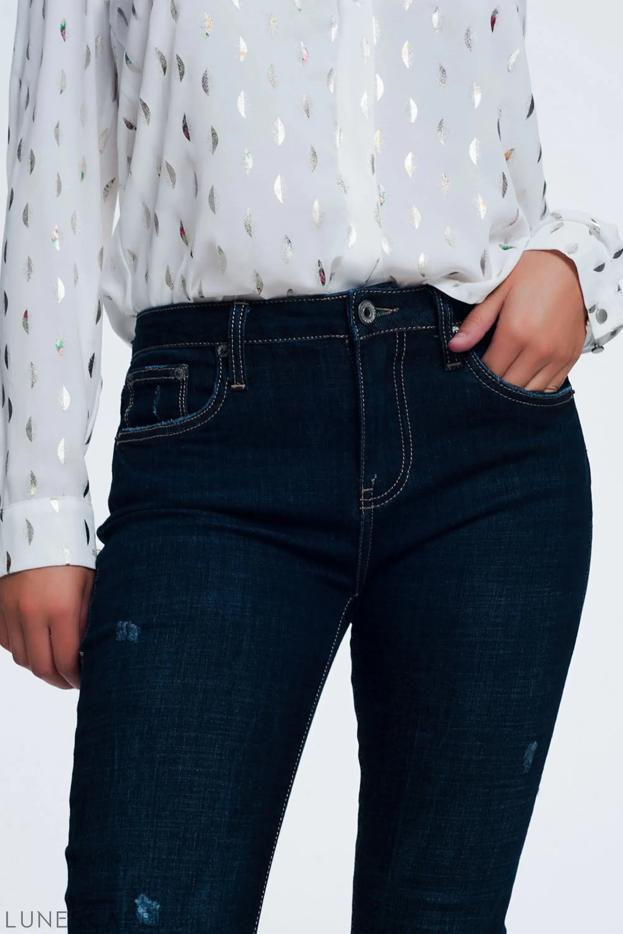 Mid Rise Jeans in Bright Blue With Raw Hem LUNESCAPE